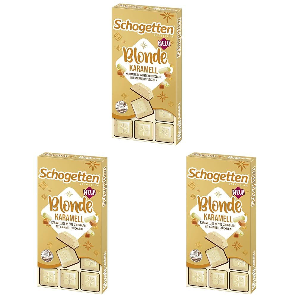 Schogetten Blonde Caramel | Karamel s bílou čokoládou a kousky karamelu | Čokoládová tyčinka 100g | Pohodlně porcované