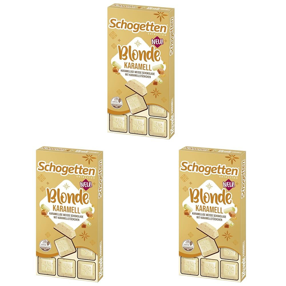 Schogetten Blonde Caramel | Karamel s bílou čokoládou a kousky karamelu | Čokoládová tyčinka 100g | Pohodlně porcované