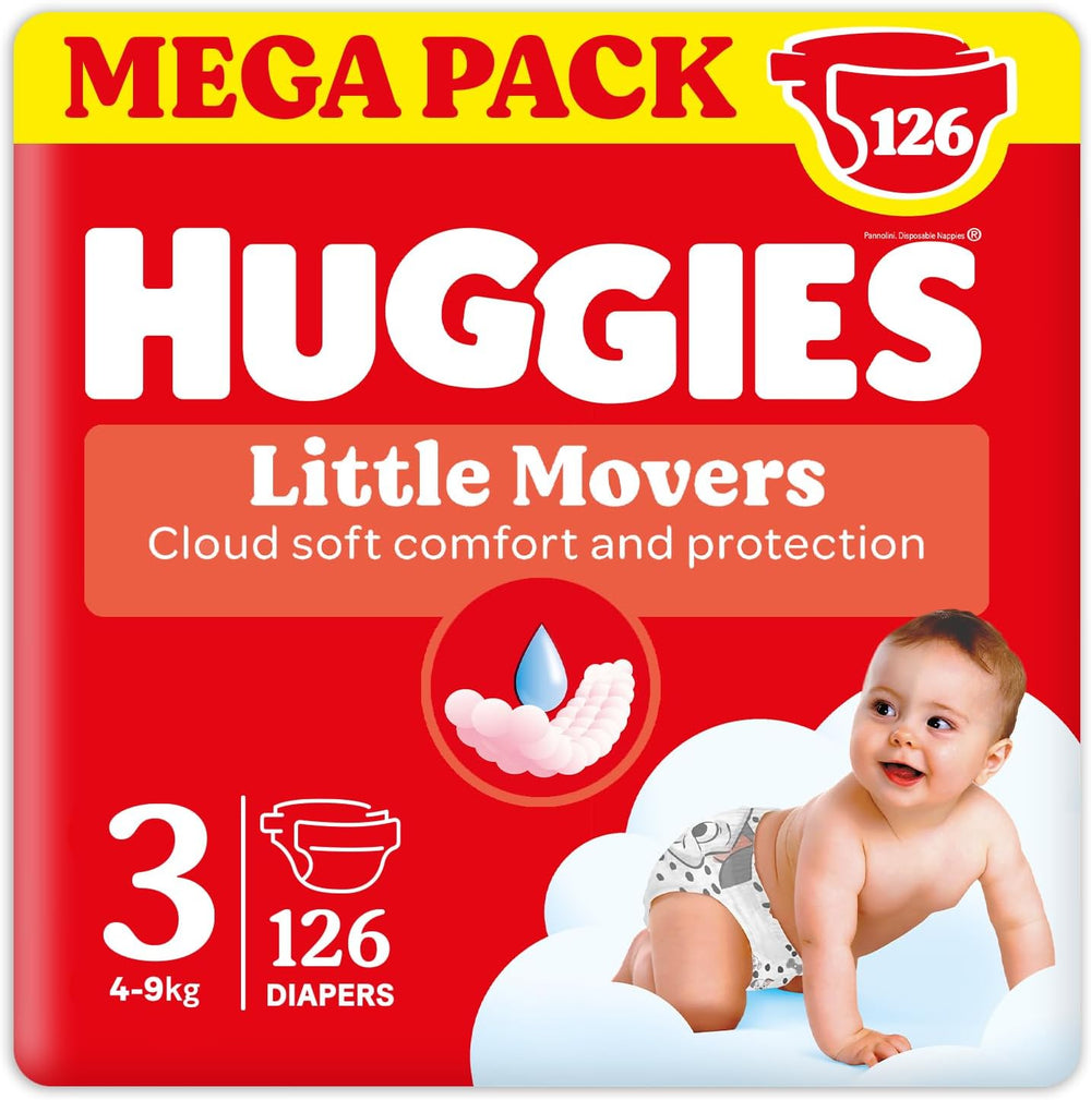 Plenky Huggies Ultra Comfort/Little Movers, velikost 3 (4–9 kg), design Disney, savé, plná ochrana, počet 126