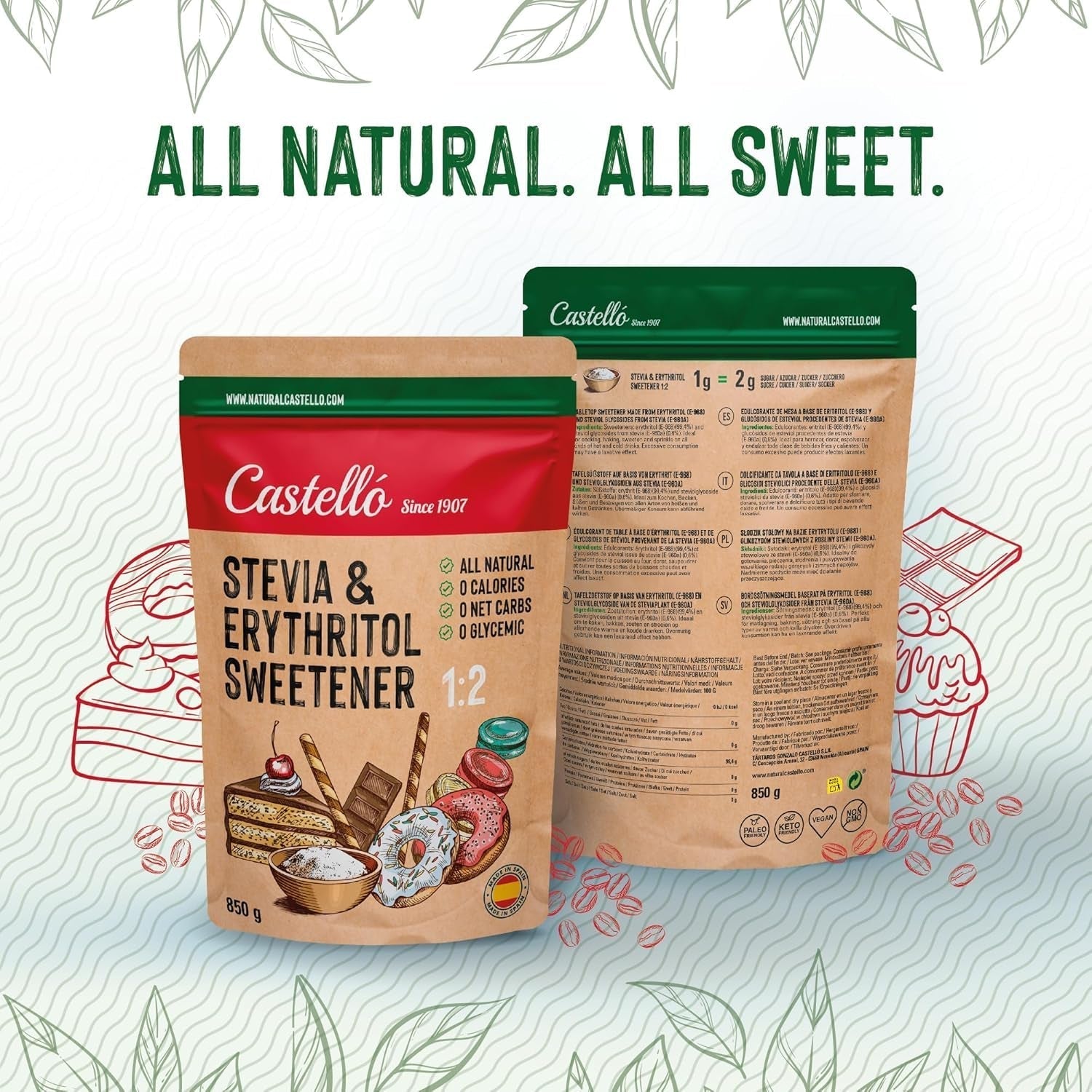 Stévie + Erythritol 1:2 Süßstoff | 1G = 2G Zucker | 100% Natürlicher Zuckerersatz - 0 Kalorie - 0 Glykämischer Index - Keto Und Paleo - 0 Netto-Kohlenhydrát - Kein GVO - Castello od roku 1907 - 850 G Sladidla Naty Shop