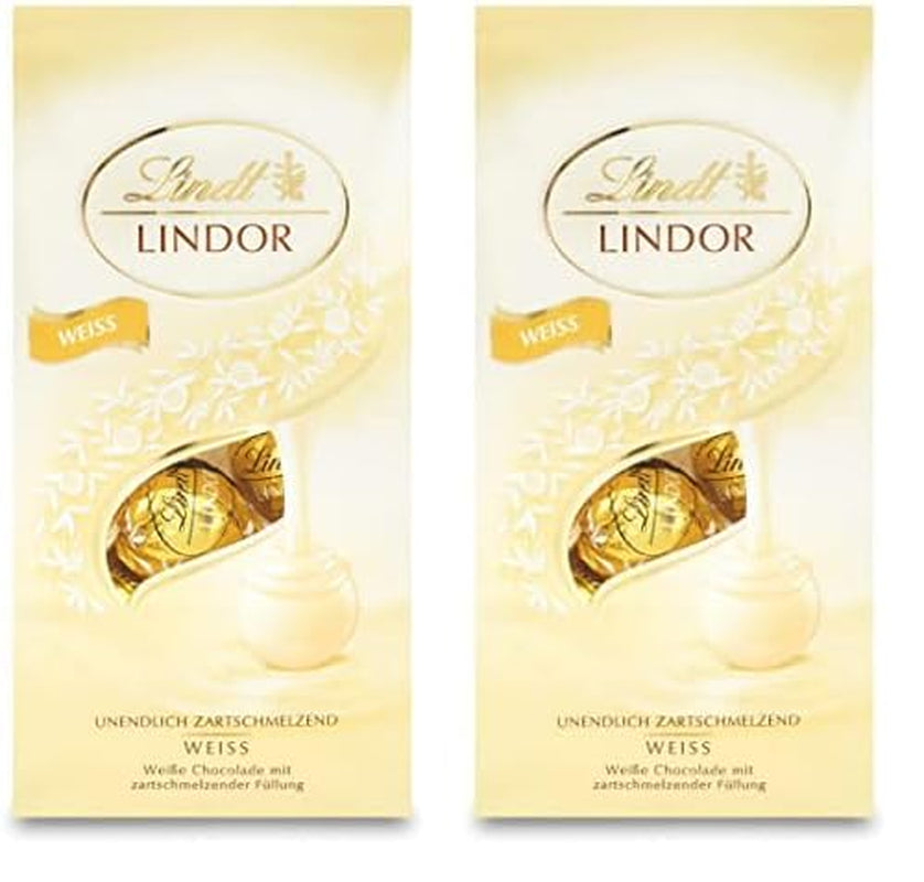 Lindt bílé čokoládové kuličky LINDOR | 137g sáček | Přibl. 10 bílých čokoládových kuliček s náplní rozplývající se v ústech | Čokoládová dárková sada | Čokoládová dárková sada (balení 2 ks)
