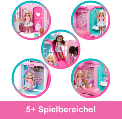 Casă de păpuși Barbie Chelsea cu peste 15 accesorii, căsuța pop-up se extinde la peste 42 x 33 cm cu 5 zone de joacă și un tobogan, cu o păpușă mică și un câine, JFW49