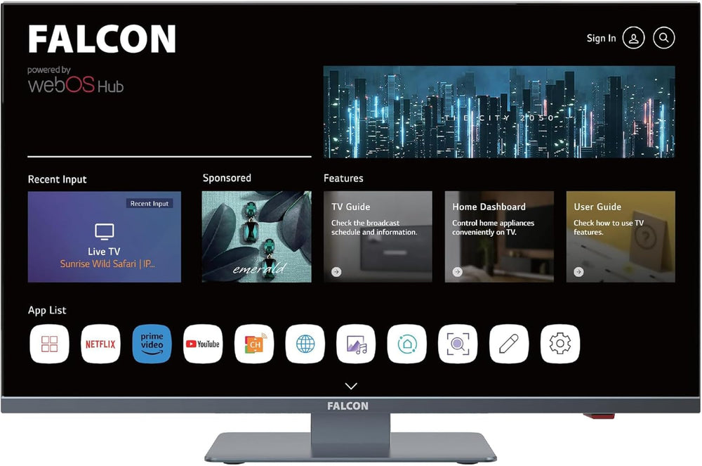 Televizor LED Falcon Full HD de 22 de inci cu LG WebOS SMART WiFi, potrivit pentru camping/autorulote (12V/24V), DVD player, Bluetooth, HDMI, USB, Paramount Plus, Magenta, Netflix, Prime Video, Disney Plus, DAZN și streaming IPTV