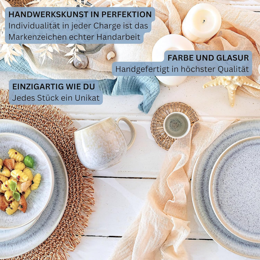 SÄNGER | Set de veselă Santorini cu 12 piese, set de farfurii pentru 4 persoane, evaluat FOARTE BUN, set de veselă din gresie, inclusiv farfurii de cină, farfurii de desert și farfurii de sumă, crem cu gradient liliac-albastru | COLECȚIA PREMIUM
