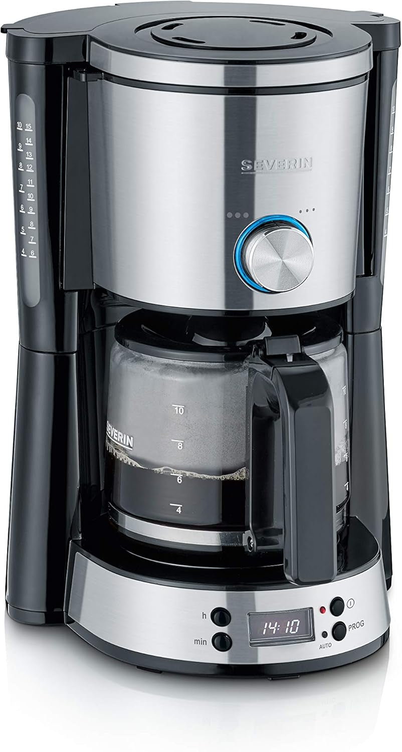 Espressor SEVERIN „TypeSwitch” cu carafă de sticlă și cronometru, AromaSwitch pentru alegerea a 2 opțiuni de preparare, ceas digital cu funcție de cronometru, pentru până la 10 cești, 1000W, oțel inoxidabil periat-negru, KA 4826