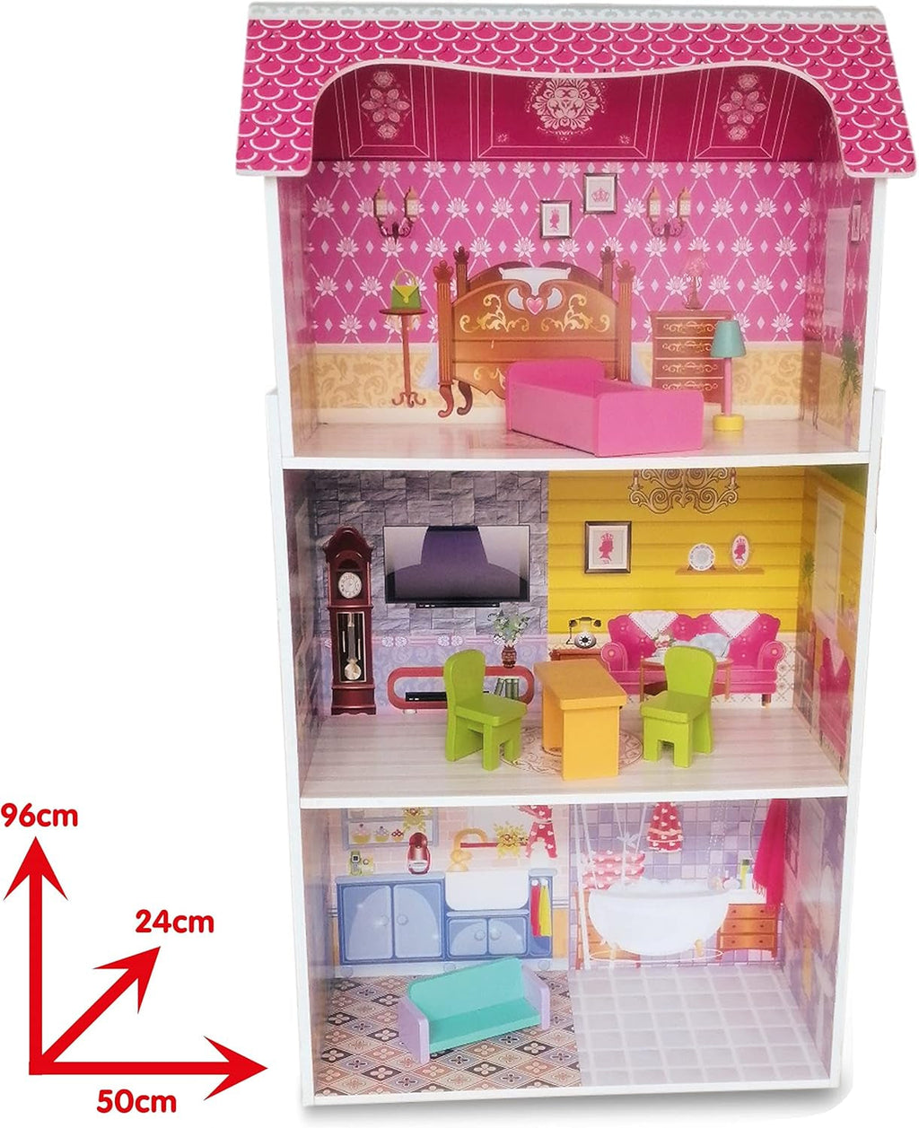 Teorema 40602 - Casă de păpuși din lemn cu 3 etaje și 5 camere, înălțime 96 cm, mobilier și decorațiuni Casute de papusi Naty Shop