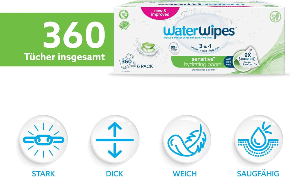 WaterWipes Sensitive+ Hydrating Boost vlhčené ubrousky, hydratační ubrousky, 360 kusů (6 balení), 3v1 čistí, pečují, hydratují, 99% voda z Aloe Vera, neparfémované dětské ubrousky