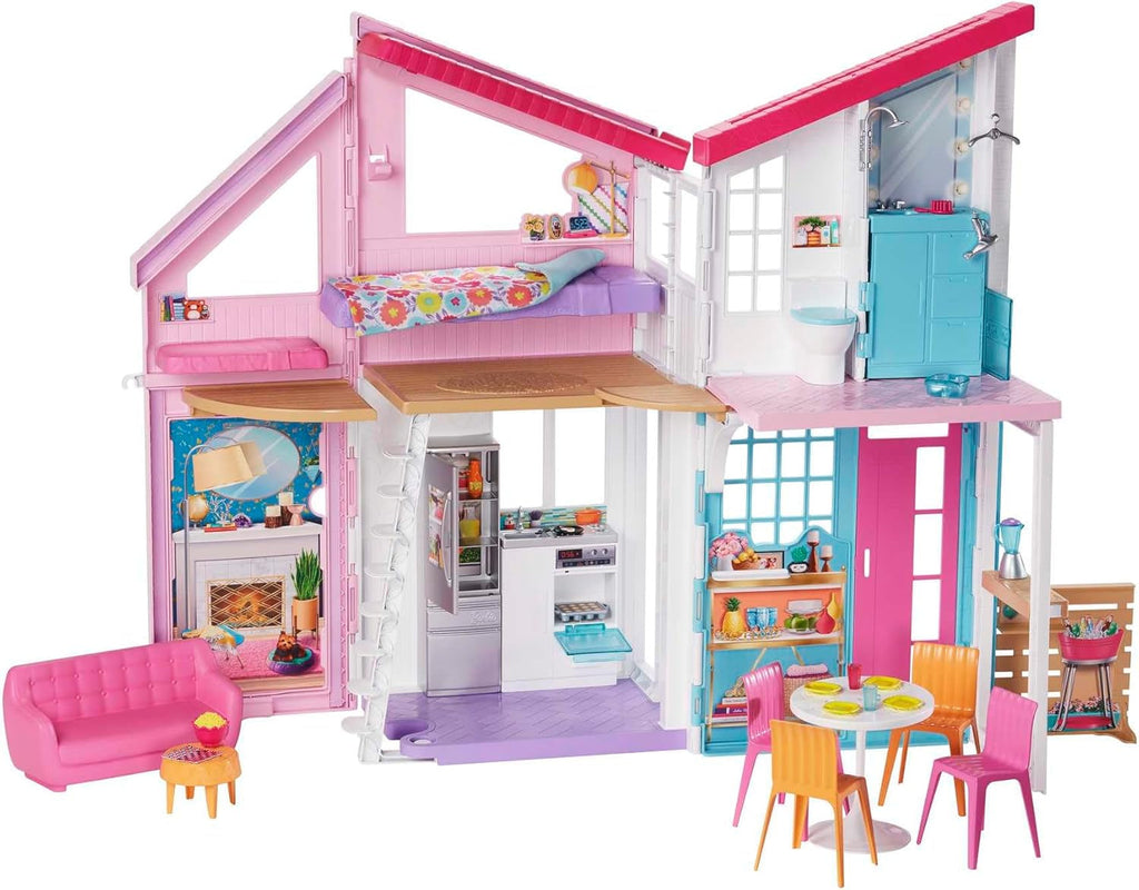 Casă de păpuși Barbie (70.6 X 51.4 Cm) cu 4 zone de joacă, accesorii și mobilier complet mobilate, rotativă 360°, pliabilă, păpușă, cadou pentru copii de la 3 ani, HHY40 Casute de papusi Naty Shop Barbie - Casa Malibu