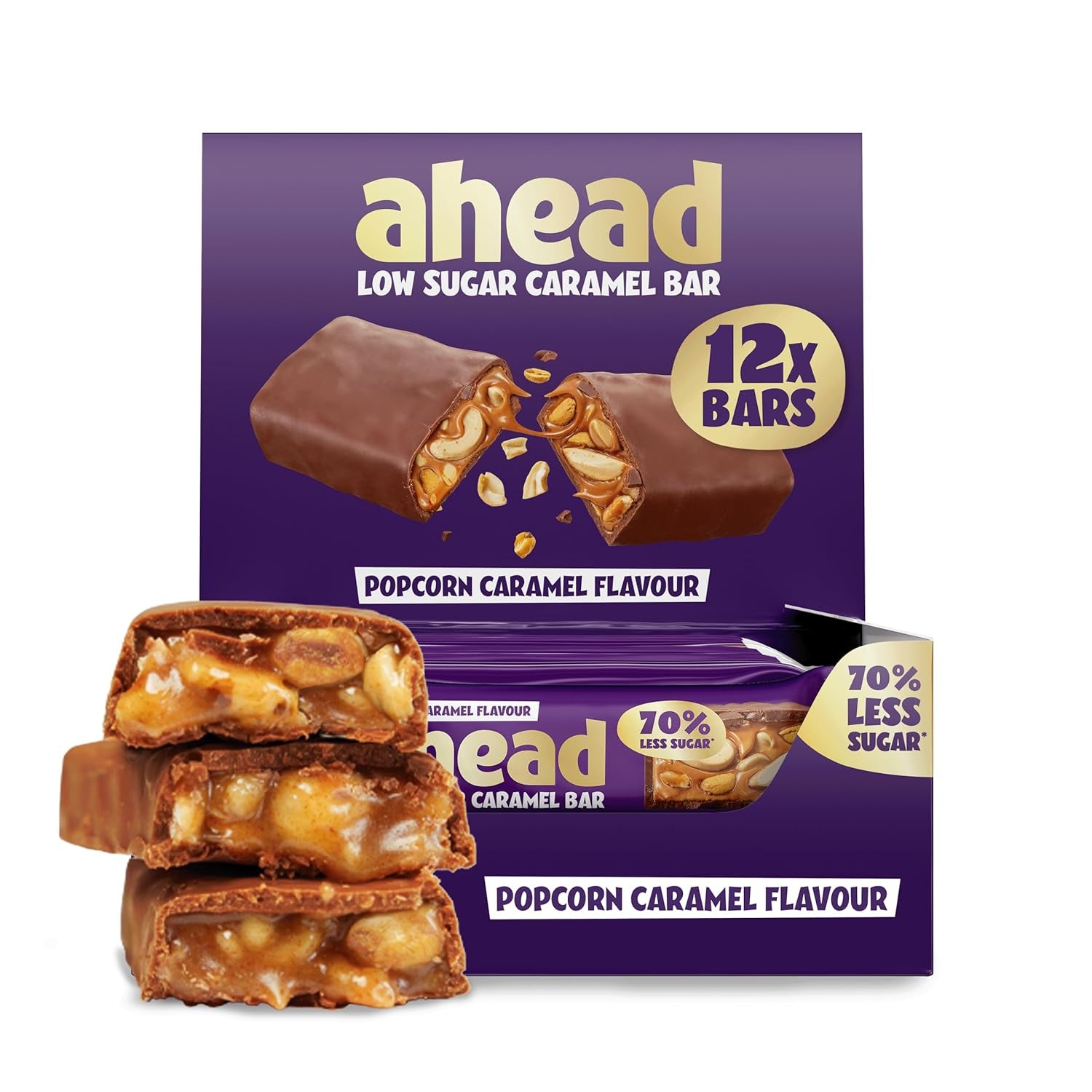 Karamelové a oříškové čokoládové tyčinky před námi | 12 čokoládových tyčinek x 35 g bez přidaného cukru | 1,9 g cukru na tyčinku | Křupavá oříšková a karamelová příchuť | Nízkosacharidové sladkosti | Bez palmového oleje