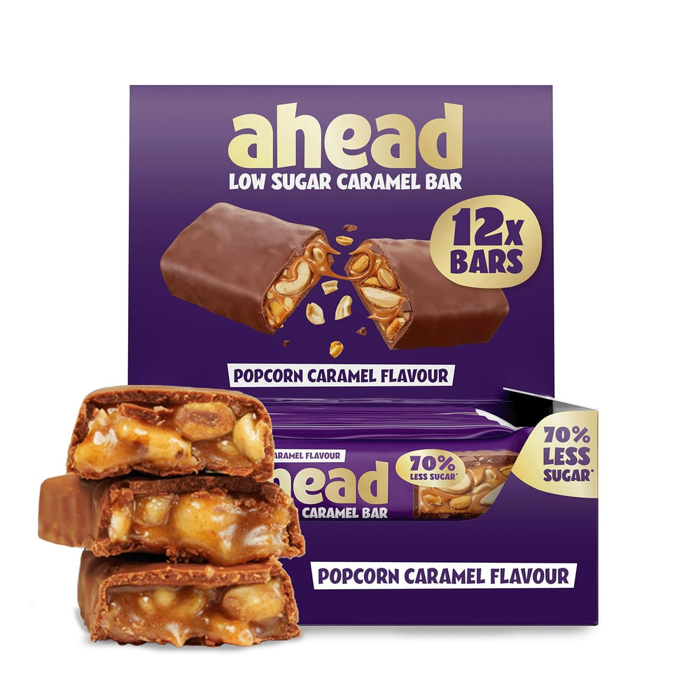 Karamelové a oříškové čokoládové tyčinky před námi | 12 čokoládových tyčinek x 35 g bez přidaného cukru | 1,9 g cukru na tyčinku | Křupavá oříšková a karamelová příchuť | Nízkosacharidové sladkosti | Bez palmového oleje