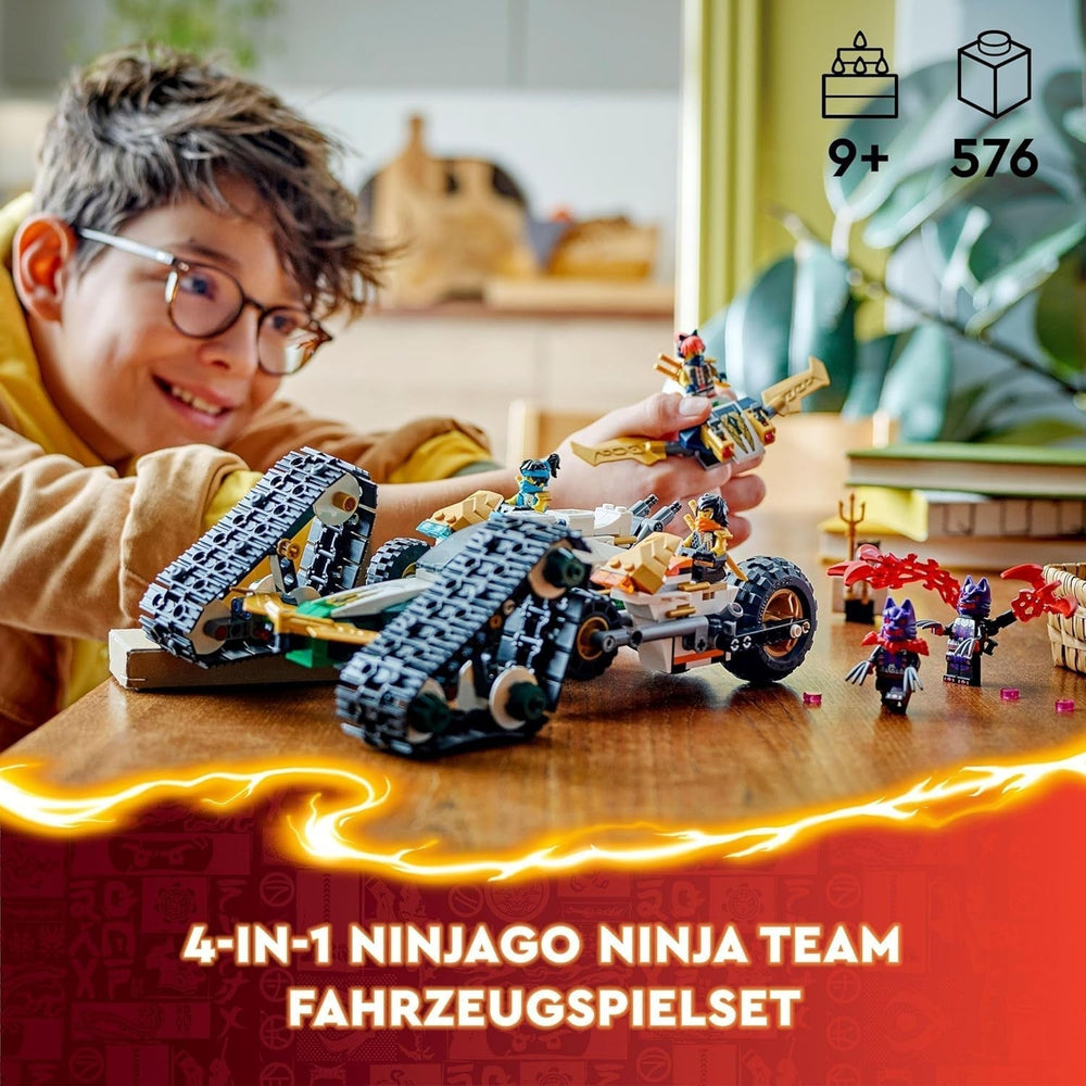 Sada LEGO NINJAGO Ninja Team Combi Caterpillar 4 v 1 s kluzákem, závodním autem a 2 motocykly a 6 minifigurkami Dárek pro chlapce a dívky Hračka Ninja 71820 Stavebnice Besuche den LEGO-Store