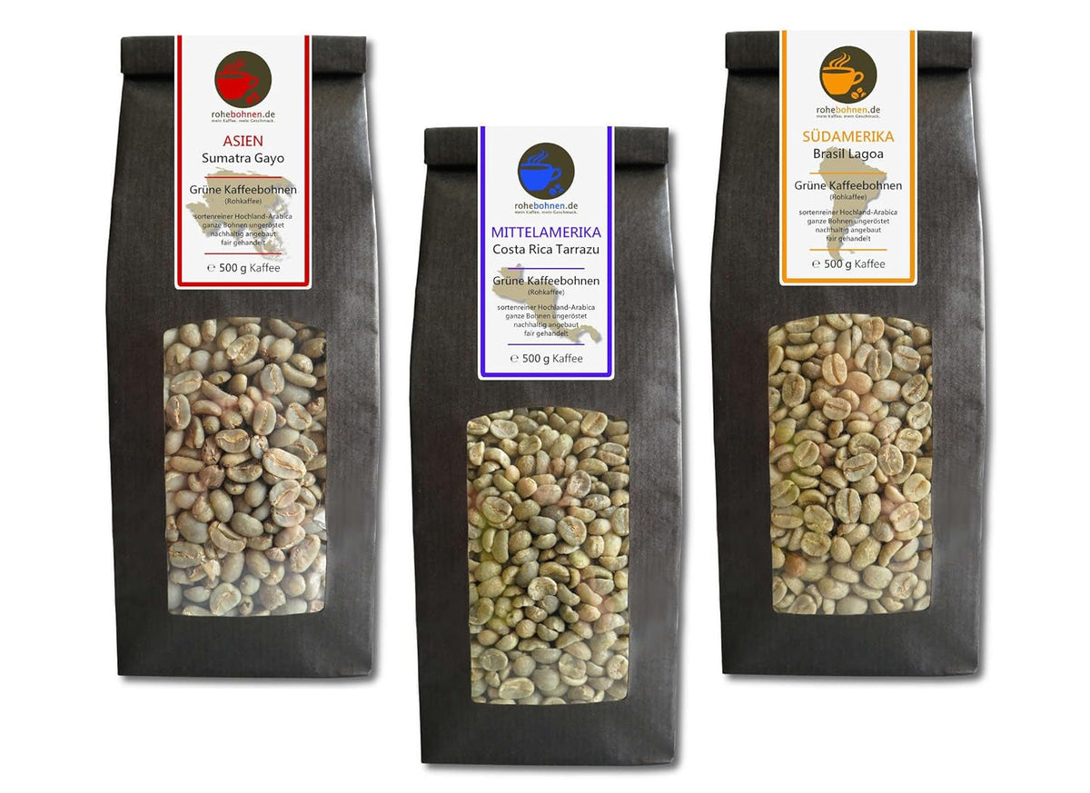 Cafea crudă - Cafea verde din Sumatra, Costa Rica, Brazilia (pachet redus boabe de cafea verde 3x500g) - certificată GMP