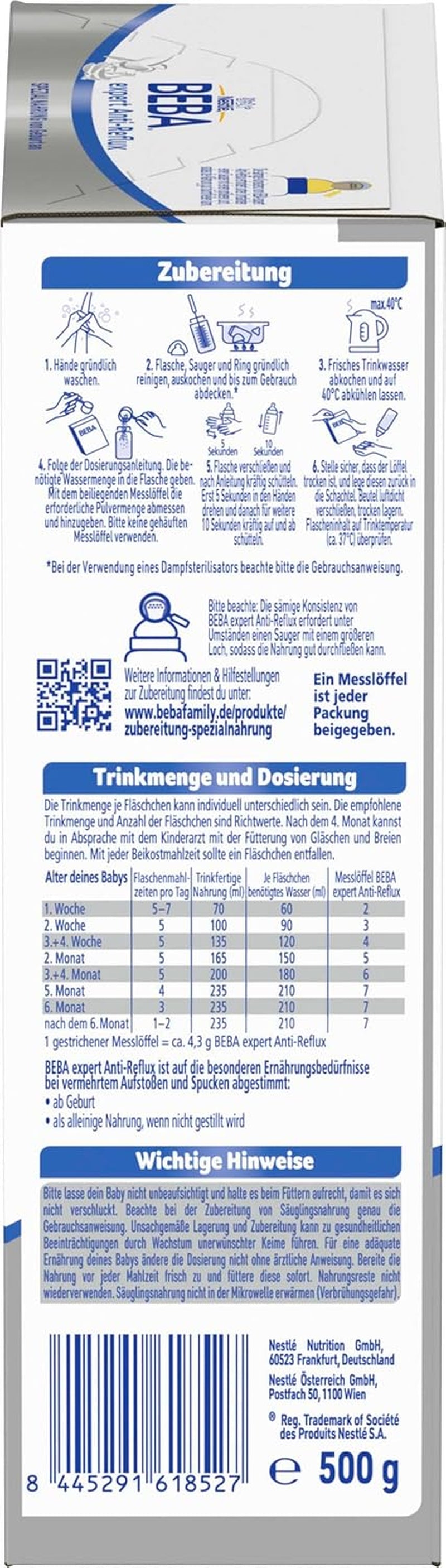 BEBA expert Anti-Reflux - AR Speciální složení od narození, pro zvýšené říhání a zvracení, kojenecká výživa, sušené kojenecké mléko, 1 balení (1 x 500 g)