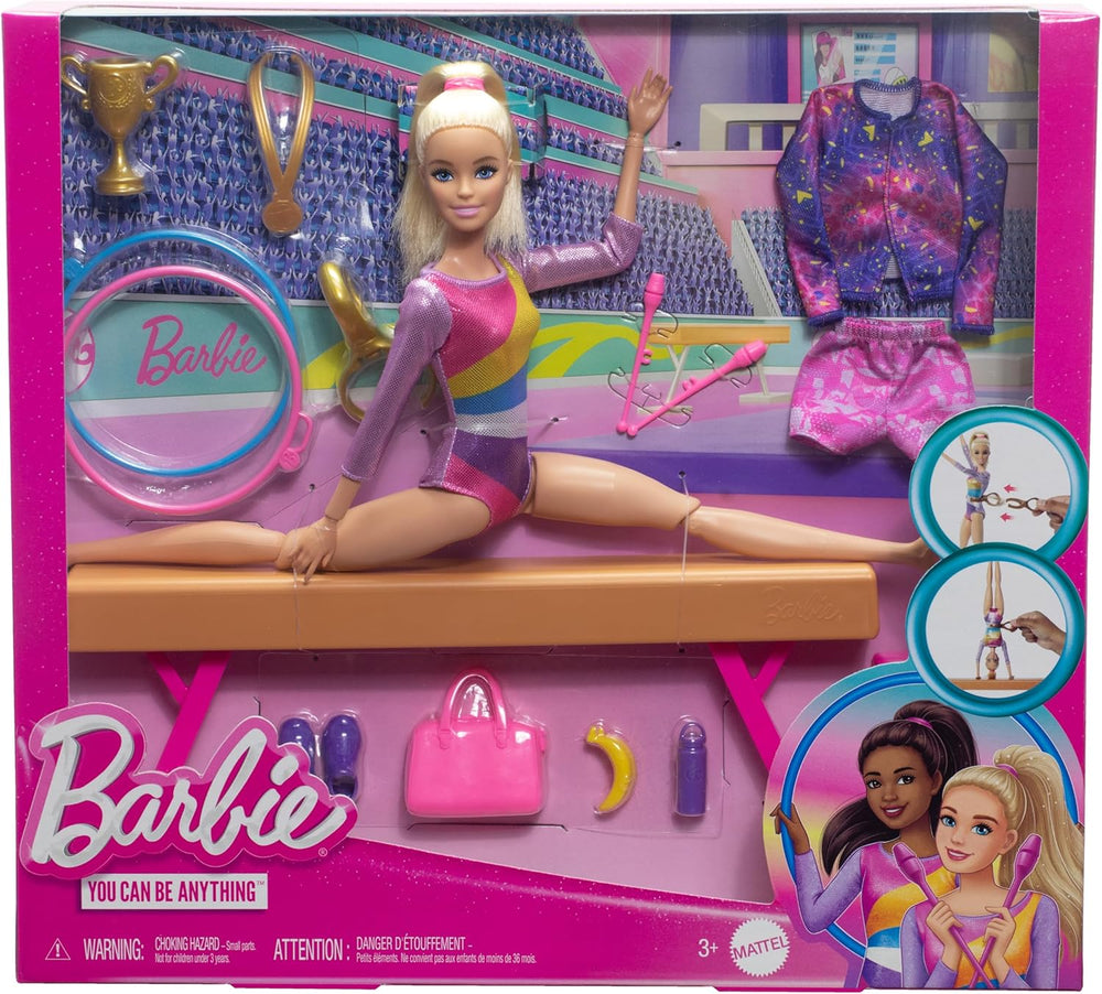 Set de joacă distractiv Barbie pentru gimnastică cu bârnă de echilibru și peste 10 piese tematice pentru povești câștigătoare, HRG52