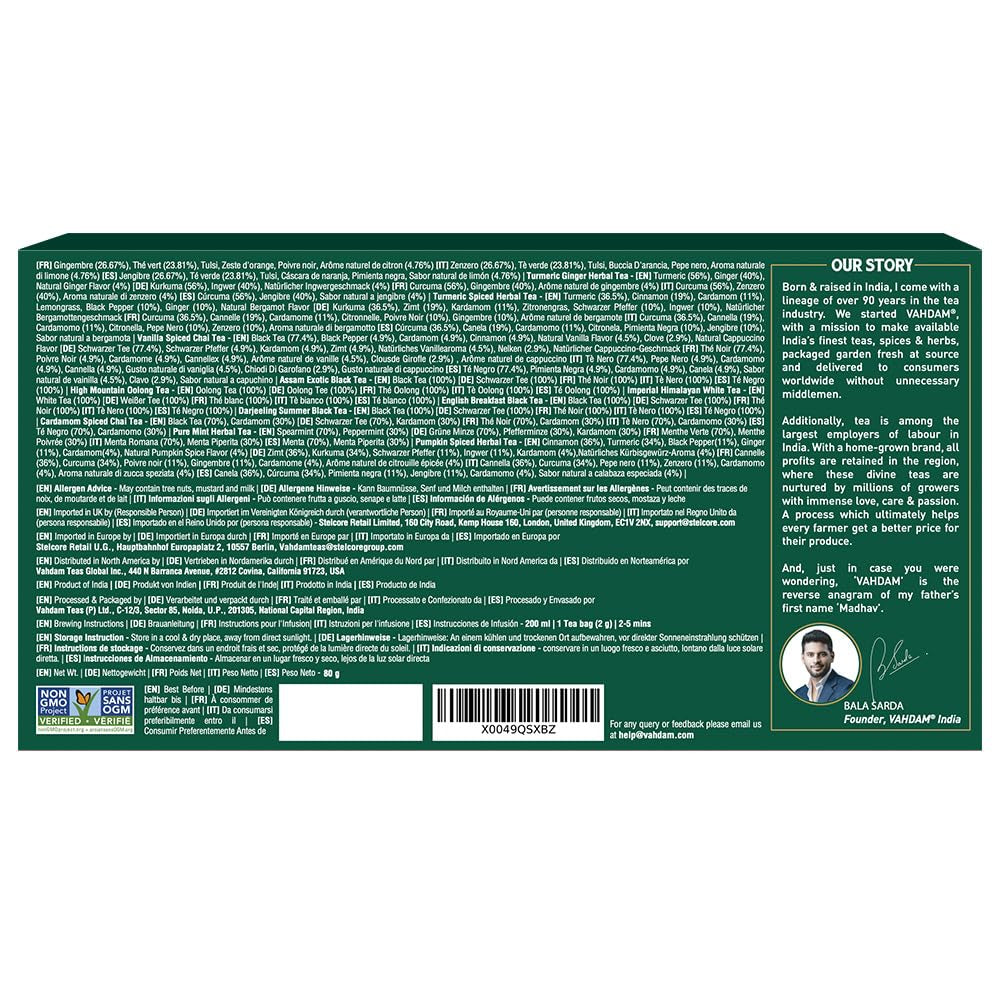 VAHDAM, set de degustare cu sortimente de ceai (20 de arome, 40 bucăți) Ceai negru, ceai verde, ceai din plante, ceaiuri chai și multe altele | Pliculețe de ceai piramidale cu frunze lungi | Cadouri pentru femei și bărbați