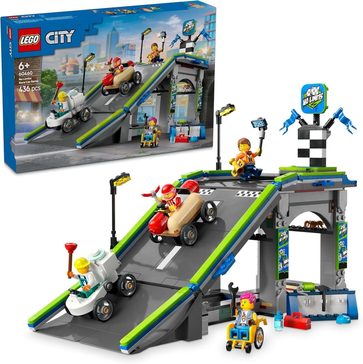 LEGO City No Limits: Závod na mýdlových krabičkách s rampou - Stavebnice pro chlapce a dívky od 6 let - Sada se 2 krabicemi na mýdlo a 4 minifigurkami závodníka - Nápad na dárek pro děti 60460 Stavebnice Besuche den LEGO-Store Výchozí název