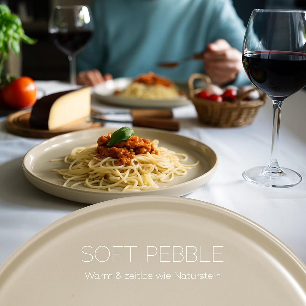 Set de veselă din gresie porțelanată pentru 6 persoane, 18 piese — mai solid și mai rezistent la zgârieturi decât farfuriile și bolurile din faianță, bej lucios | Set de veselă include 6 farfurii de cină, 6 farfurii de desert și 6 boluri -