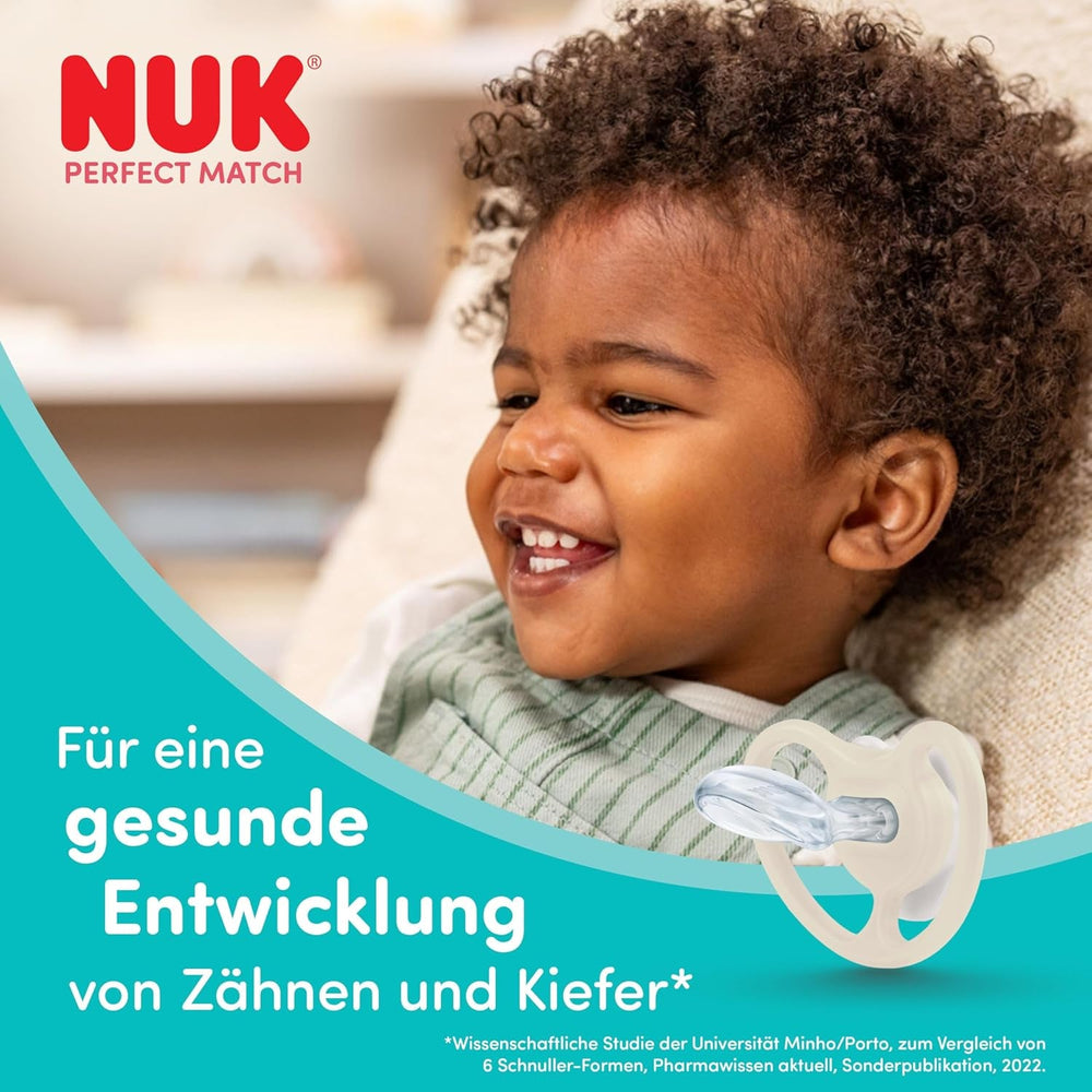 Suzete NUK Perfect Match Air Night pentru bebeluși | 0-6 luni | Suzete care strălucesc în întuneric, care promovează circulația aerului și previn salivarea | Acceptare 95% de către bebeluși** | Lion | Pachet de 2