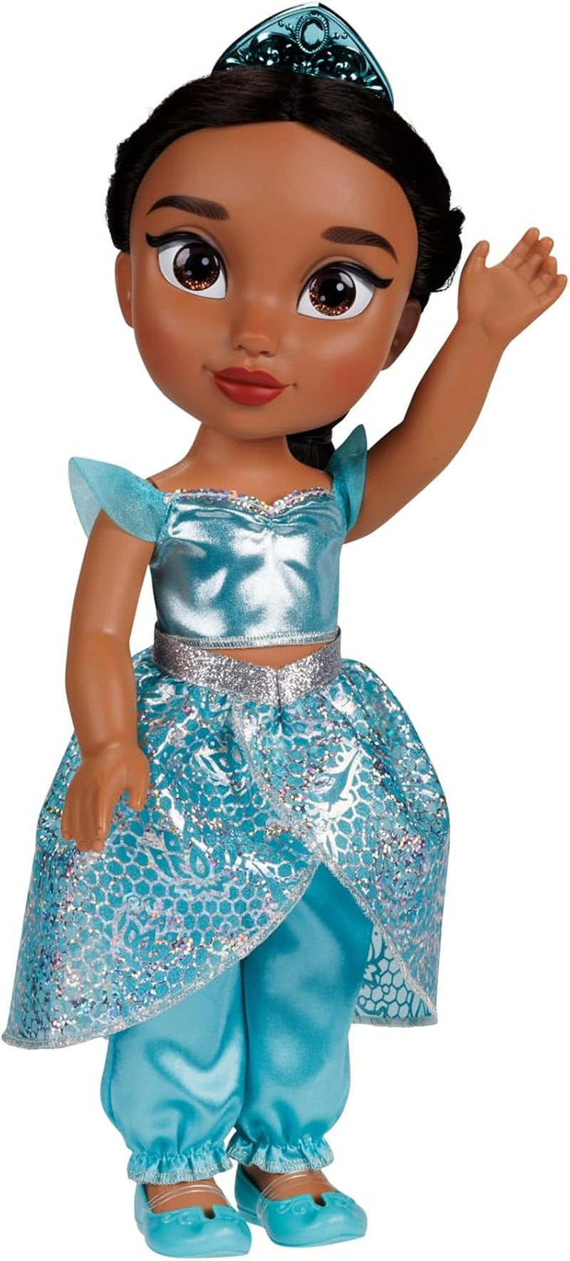 Disney Princezna Jasmin Puppe 35 cm, reflexní lesk, bewegliche Gelenke, ausziehbares Outfit, Schuhe, Krone, langes geflochtenes Haar, für Mädchen ab 3 Jahren