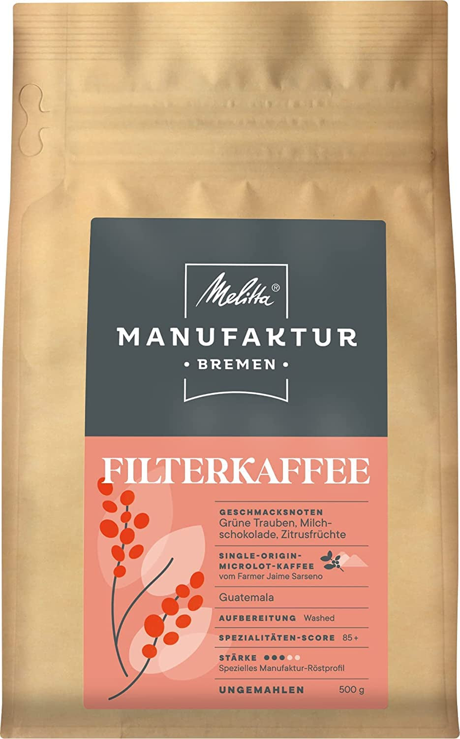 Cafea specială Melitta Manufaktur-Kaffee Caffè Crema, cafea de fermă de origine unică din Costa Rica, prăjită în Germania Cafea Naty Shop 4 x 500 grame Aroma de fructe si ciocolata