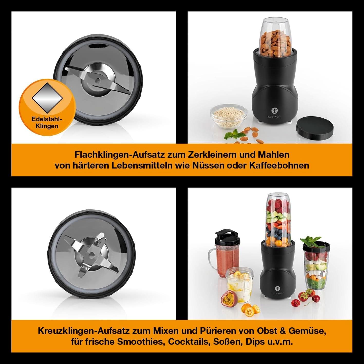 Smoothie Maker 12-Tlg | To-Go Deckel & 4 Mixbehälter | Für Obst, Gemüse & Nüsse | Myth Ice-Crush Funktion | Mini-Standmixer Zum Mixen, Rühren, Zerkleinern, Mahlen, Hacken & Pürieren | Kuchyně Naty Shop bez BPA