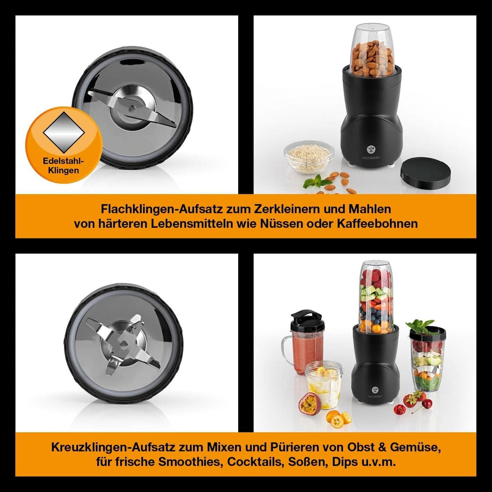 Smoothie Maker 12-Tlg | To-Go Deckel & 4 Mixbehälter | Für Obst, Gemüse & Nüsse | Myth Ice-Crush Funktion | Mini-Standmixer Zum Mixen, Rühren, Zerkleinern, Mahlen, Hacken & Pürieren | Kuchyně Naty Shop bez BPA