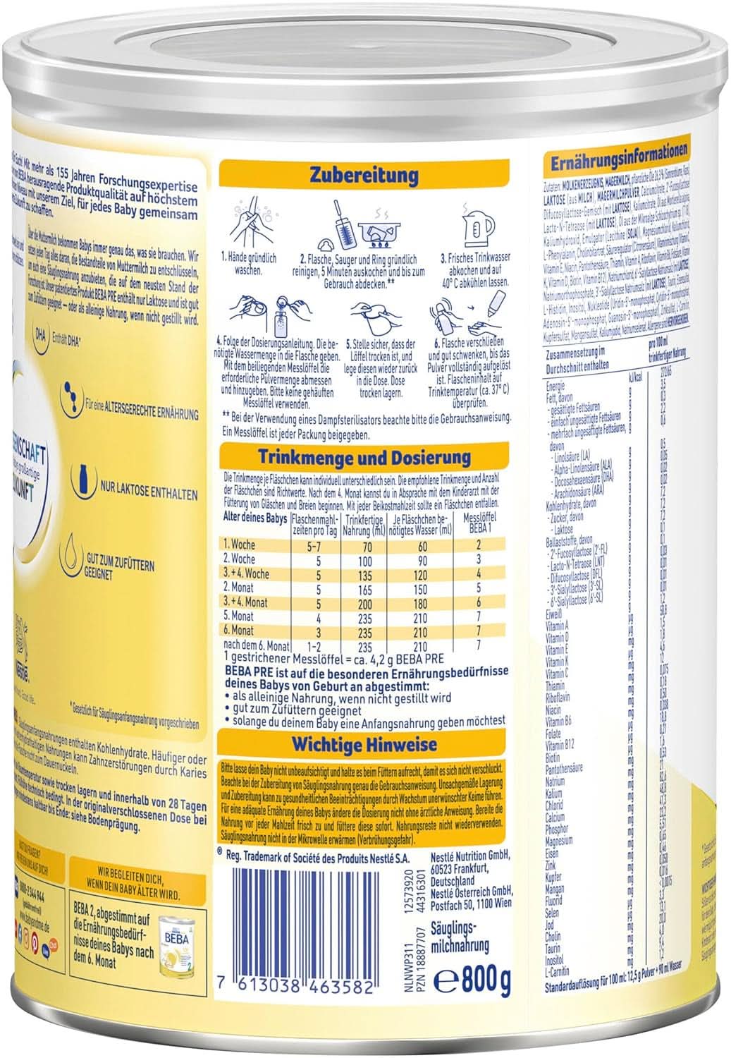 BEBA PRE Počáteční mléko od narození, dětská výživa s DHA, pouze laktóza, bez palmového oleje, balení 3 (3 x 800 g) Naty Shop