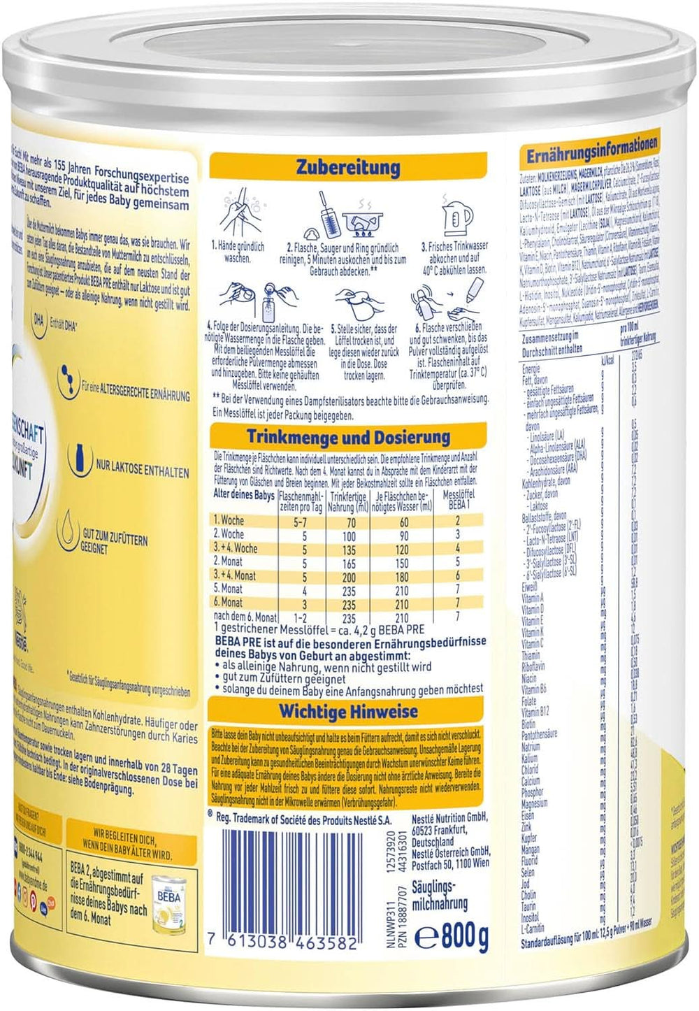 BEBA PRE Počáteční mléko od narození, dětská výživa s DHA, pouze laktóza, bez palmového oleje, balení 3 (3 x 800 g) Naty Shop