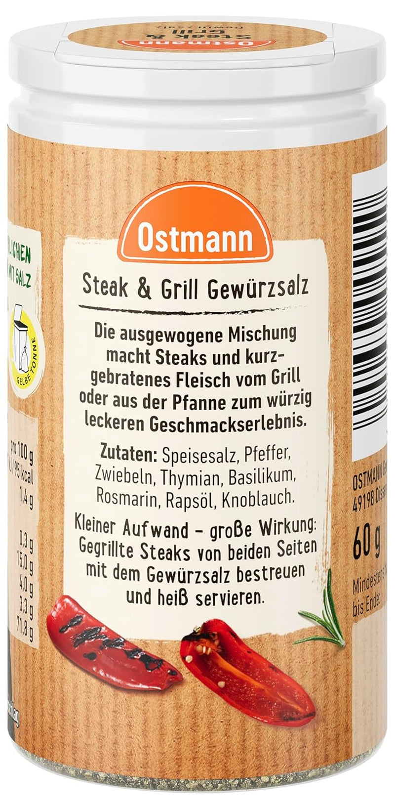 Ostmann Gewürze – Steak & Grill Gewürzsalz, leckeres Gewürzláz zum Grillen & Anbraten von würzigen Steaky, ideální auch für Grillgerichte ohne Fleisch, 60 g