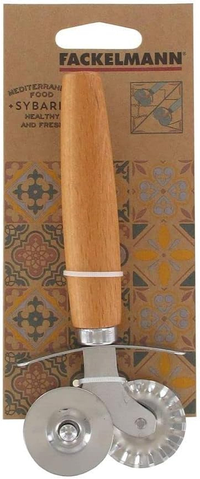 Fackelmann 40917 Rolă de aluat, Roată de ravioli din oțel inoxidabil pentru ravioli, Vârf dublu, Oțel inoxidabil, Lemn, 16 cm