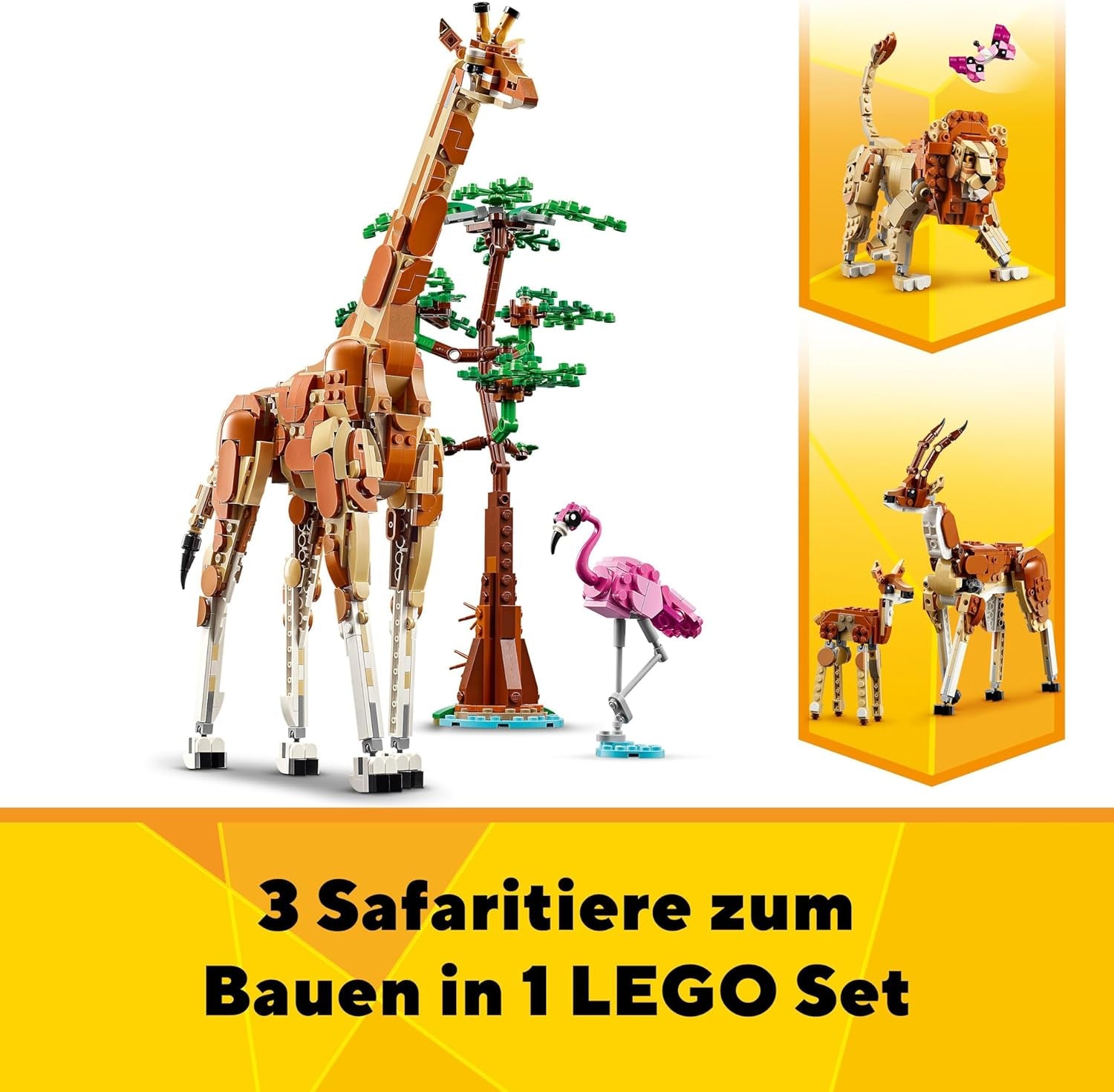 LEGO Creator 3v1 Animal Safari, kreativní sada s figurkami zvířat, 3 možnosti stavění: Hračka žirafa, gazela a lev, hračka zvířátka pro dívky a chlapce, přírodní dárek pro děti od 9 let 31150 Stavebnice Beuche den LEGO-Store