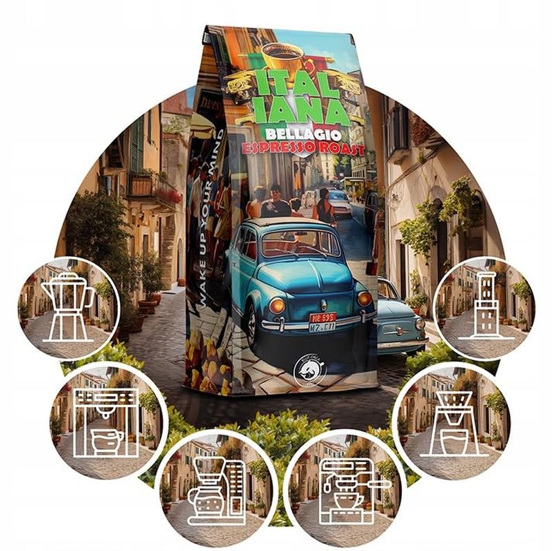 Boabe de cafea prăjite Italiana Bellagio 1kg | 80% Arabica și 20% Robusta | cu note de nuci și ciocolată neagră | proaspăt prăjită, aciditate scăzută | pentru aparate de cafea | Blue Orca Coffee