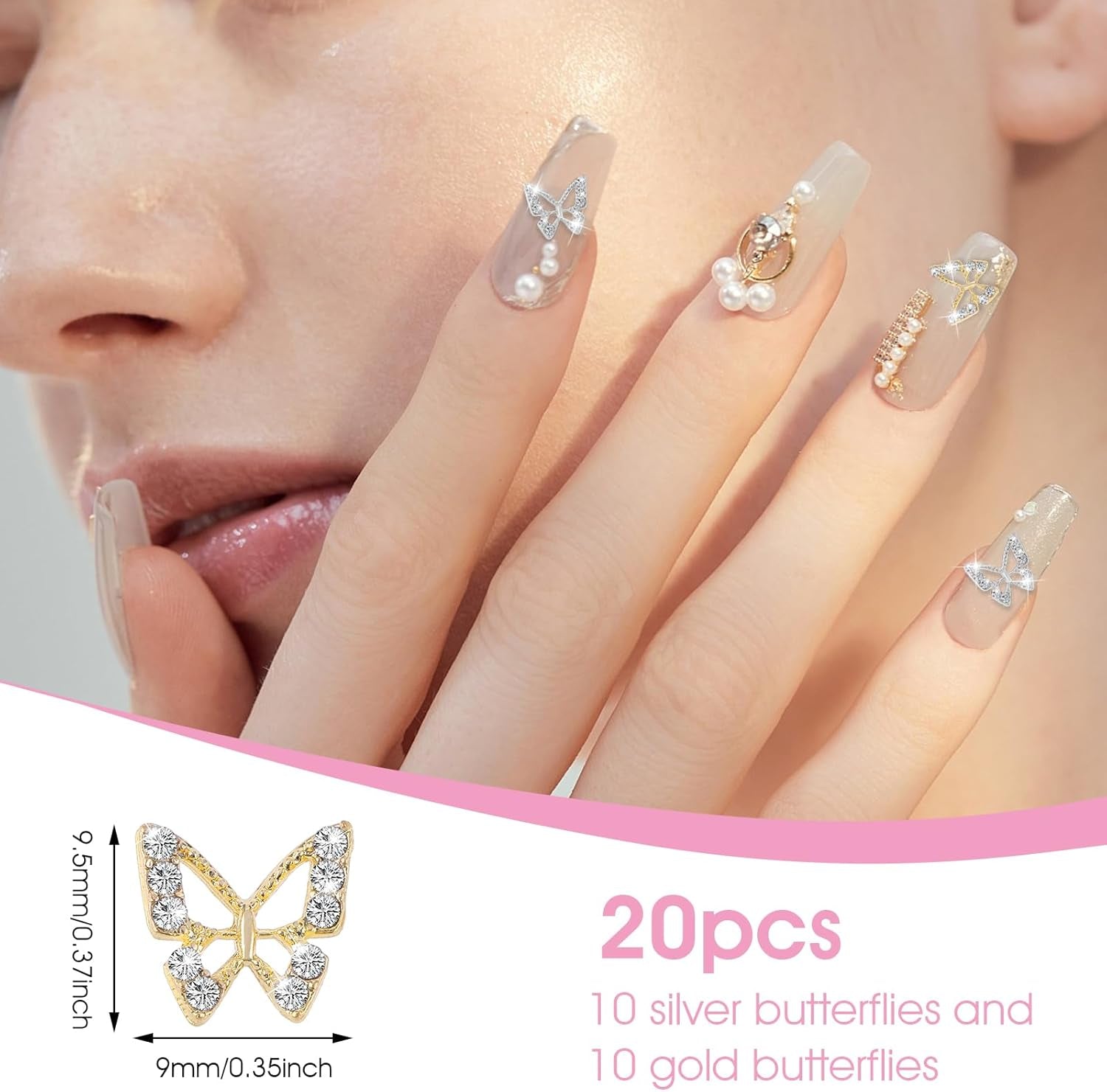 20 bucăți de pandantive pentru unghii cu fluturi cu sclipici, pietre decorative pentru unghii, pietre pentru unghii, nail art cu fluturi, strasuri, pandantive pentru unghii de Ziua Îndrăgostiților, decorare DIY pentru huse de telefon mobil