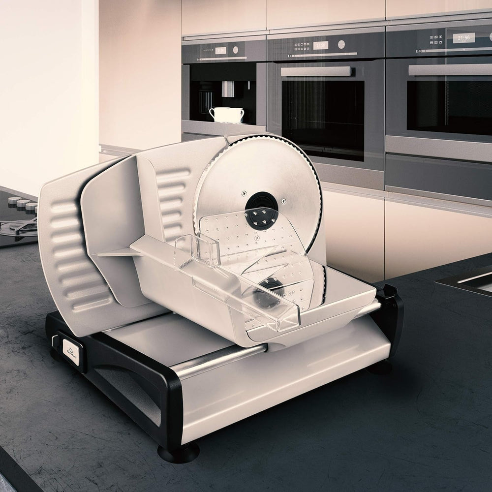 Pojď! Univerzální elektrický kráječ, nerez, 19 cm čepel z nerezové oceli, ovládání tloušťky řezu až 15 mm, 150 W Drtiče a kráječe Naty Shop