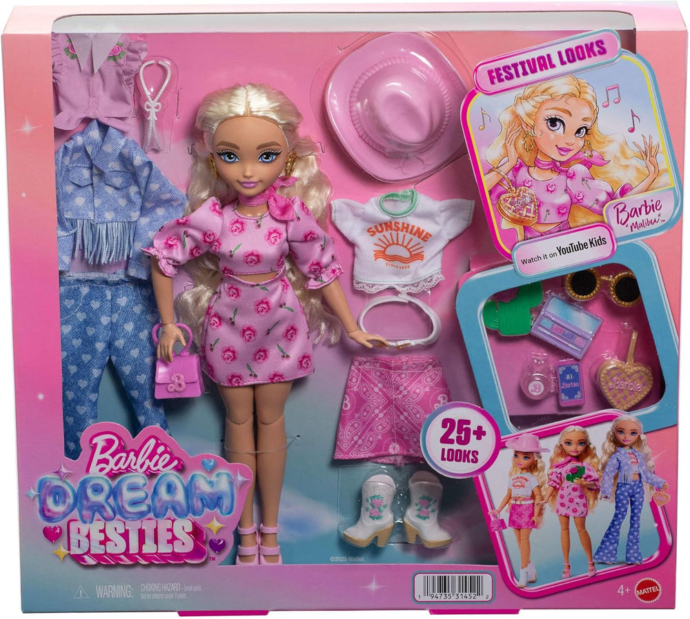 Set Barbie Dream Besties Festival Looks, cu păpușă Barbie Malibu cu păr lung și blond pentru coafare și peste 10 haine și accesorii detașabile, JGH87