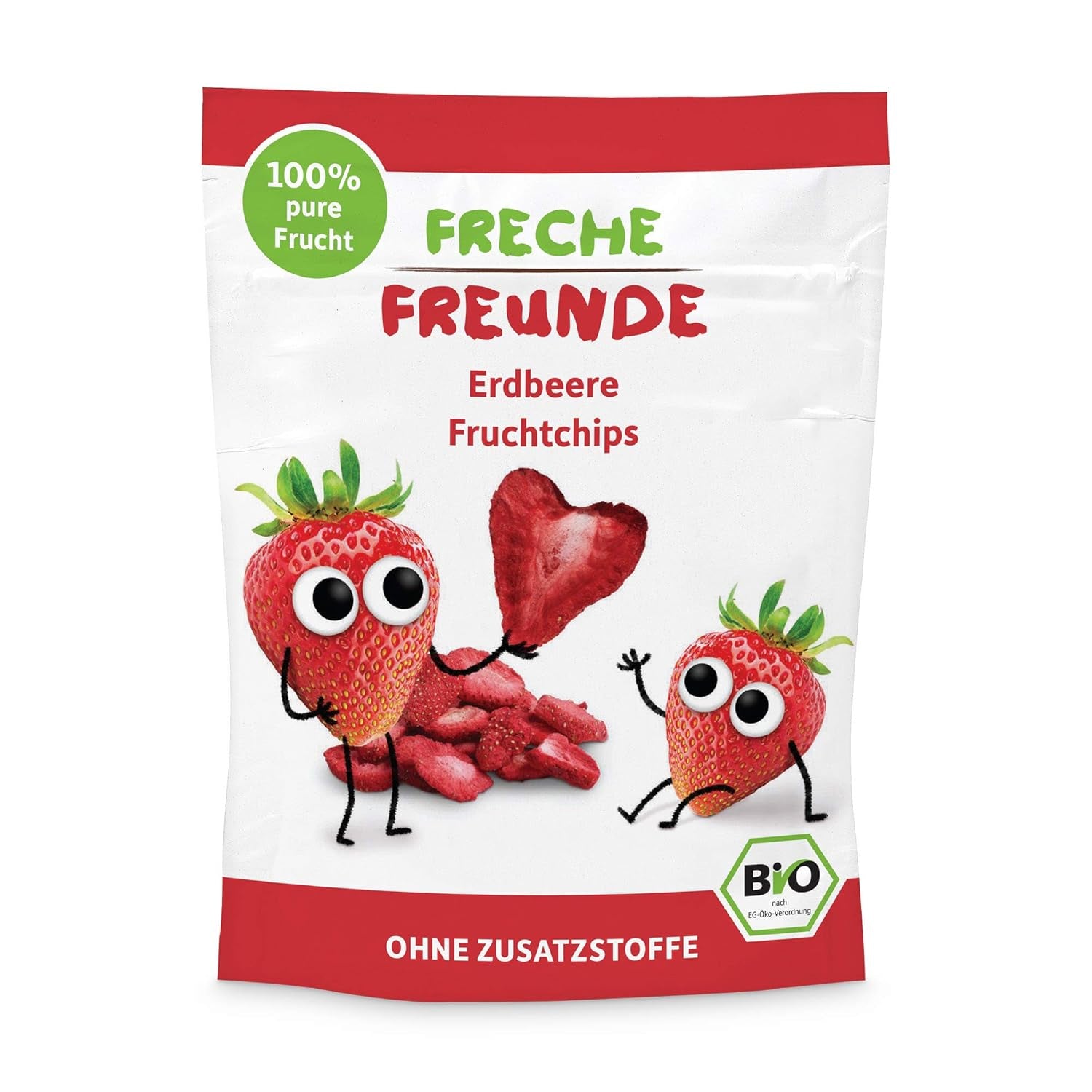 100% jahodové bio ovocné chipsy Mrazem sušené jahodové chipsy Balení po 12 kusech (12 x 12 g) a křupavé srdce Banán & jahoda bio svačina pro děti a miminko (9 x 30 g) 270 g