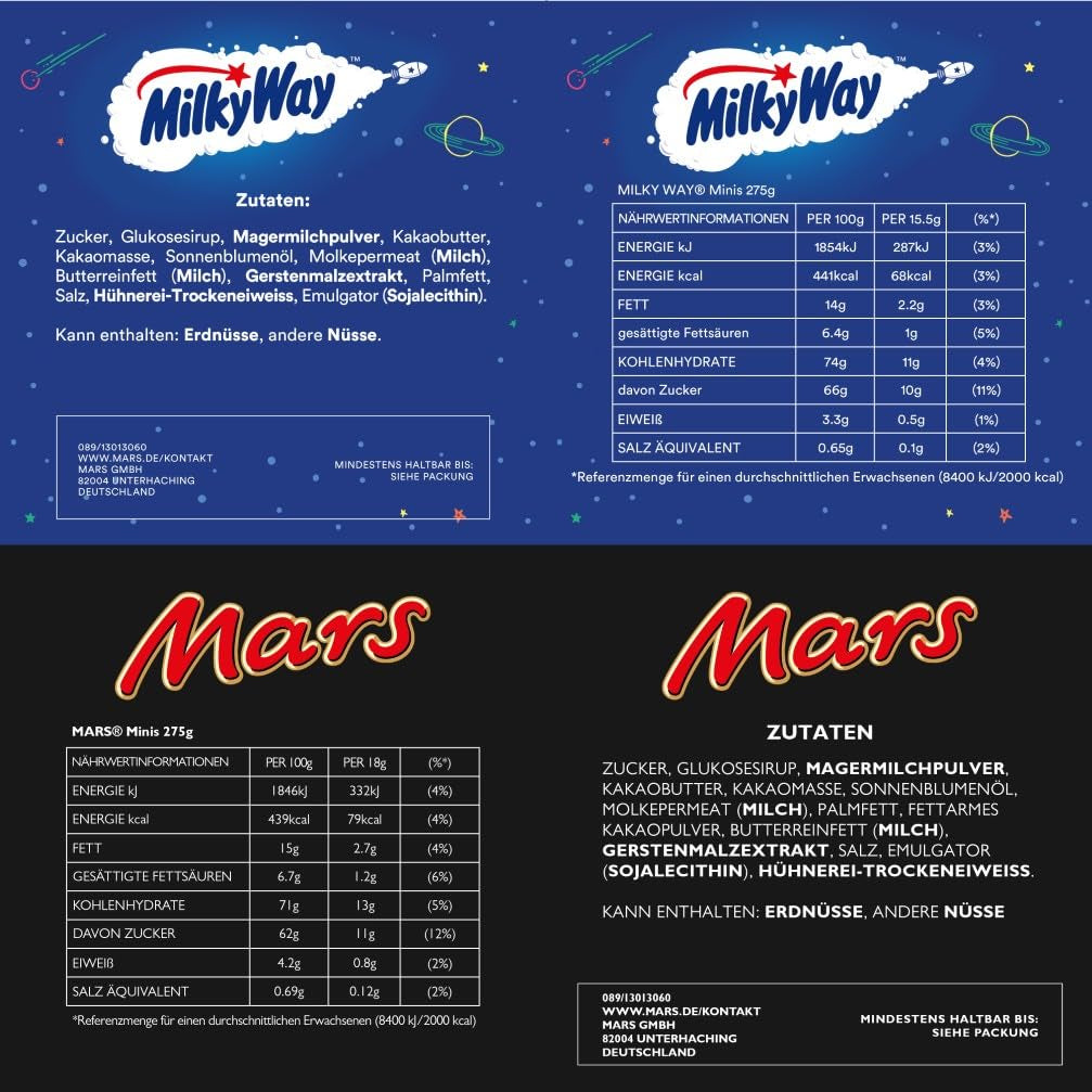 Hromadné balení mini míchané čokolády, 20 mini čokoládových svačin (Mars, Snickers, Bounty, Twix, Milky Way), jako bonbón, čokoládový dárek, bonboniéra, 400 g