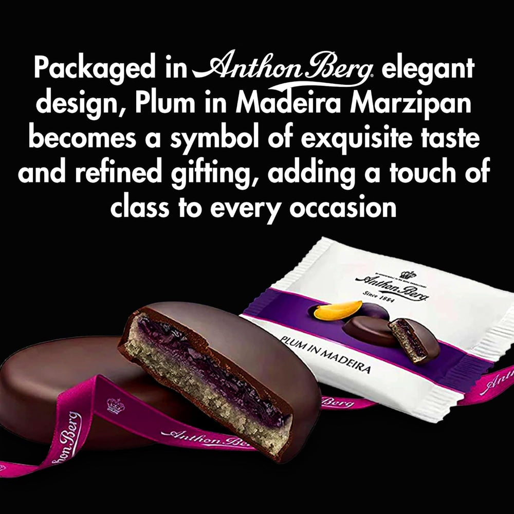 Švestka na Madeiře – 220 g – Marcipánová specialita s ovocem a alkoholem – 8 mincí z hořké čokolády se švestkovým želé a madeirským vínem – Tip na dárek