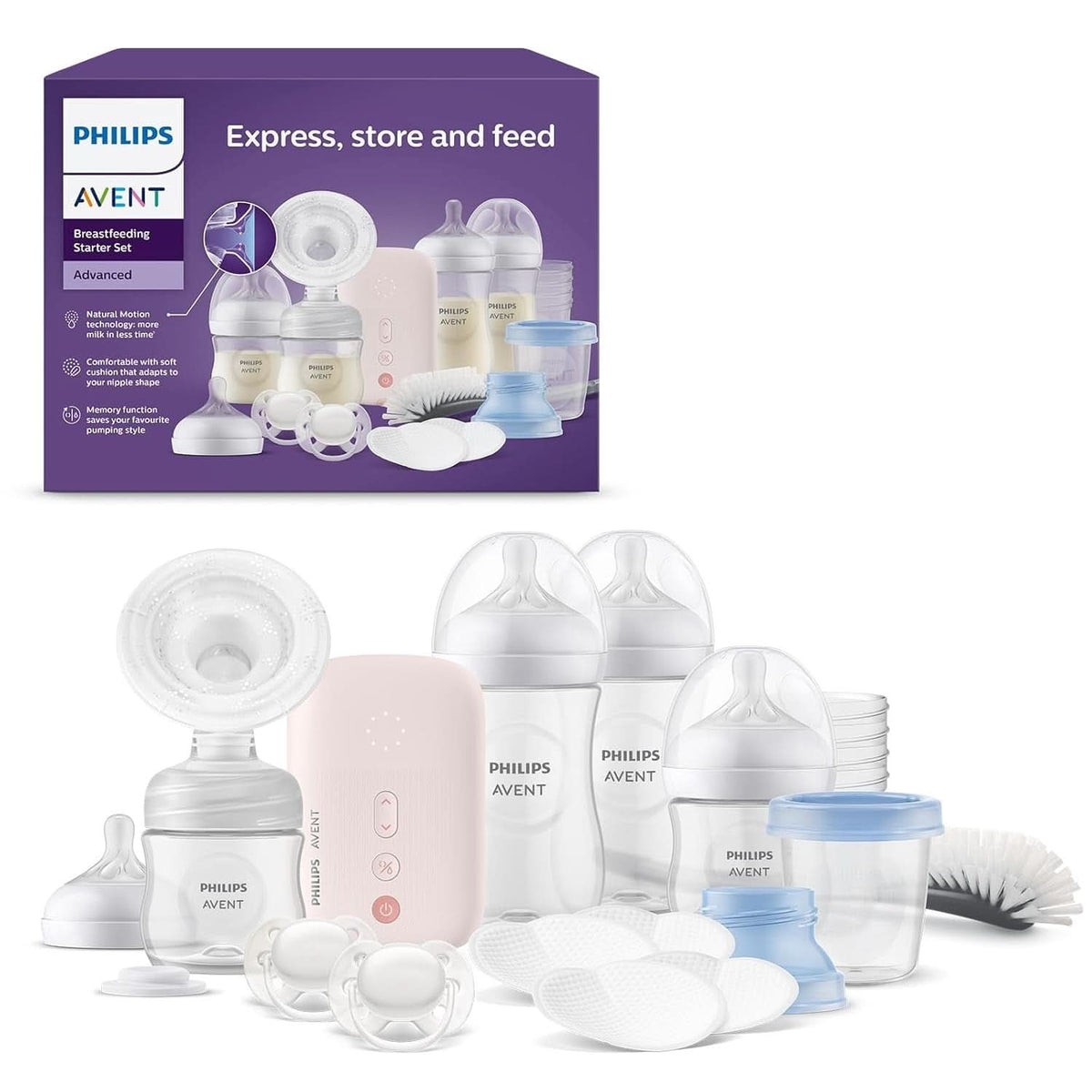Philips Avent Elektrische Natural Motion Milchpumpe - Set Zum Abpumpen, Aufbewahren Und Füttern Inkl. Flaschen, Schnuller Und Becher (Modell SCD340/31) Potraviny a doplňky pro kojení Bebe Naty Shop