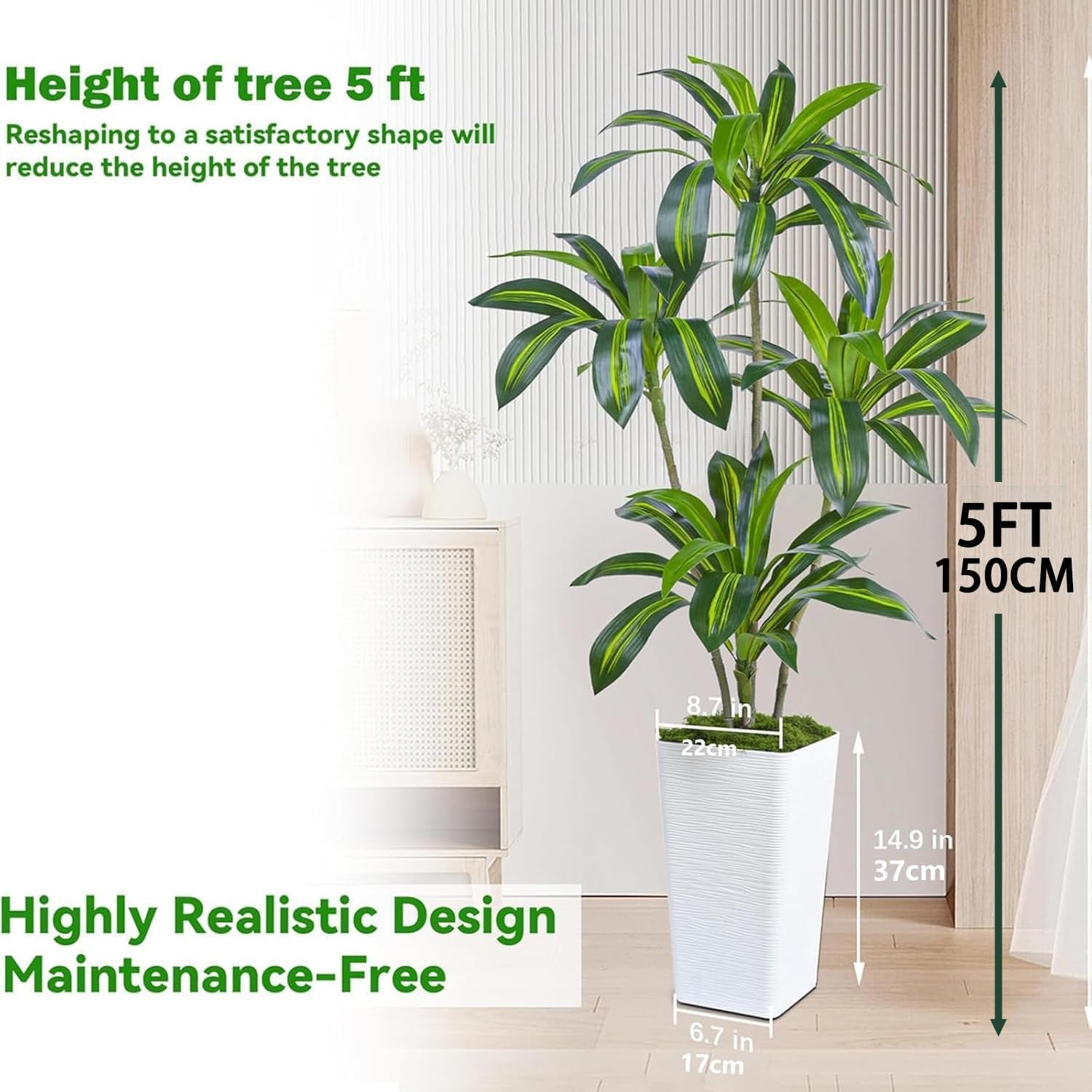 Künstliche Drachenbaum Pflanzen,Kunstpflanzen Groß Mit Weißes Hohes Pflanzgefäß,Kunstpflanzen Wie Echt Für Drinnen Und Draußen Haus Büro Moderne Deko,Artificial Plants Pflegeleicht (150Cm)