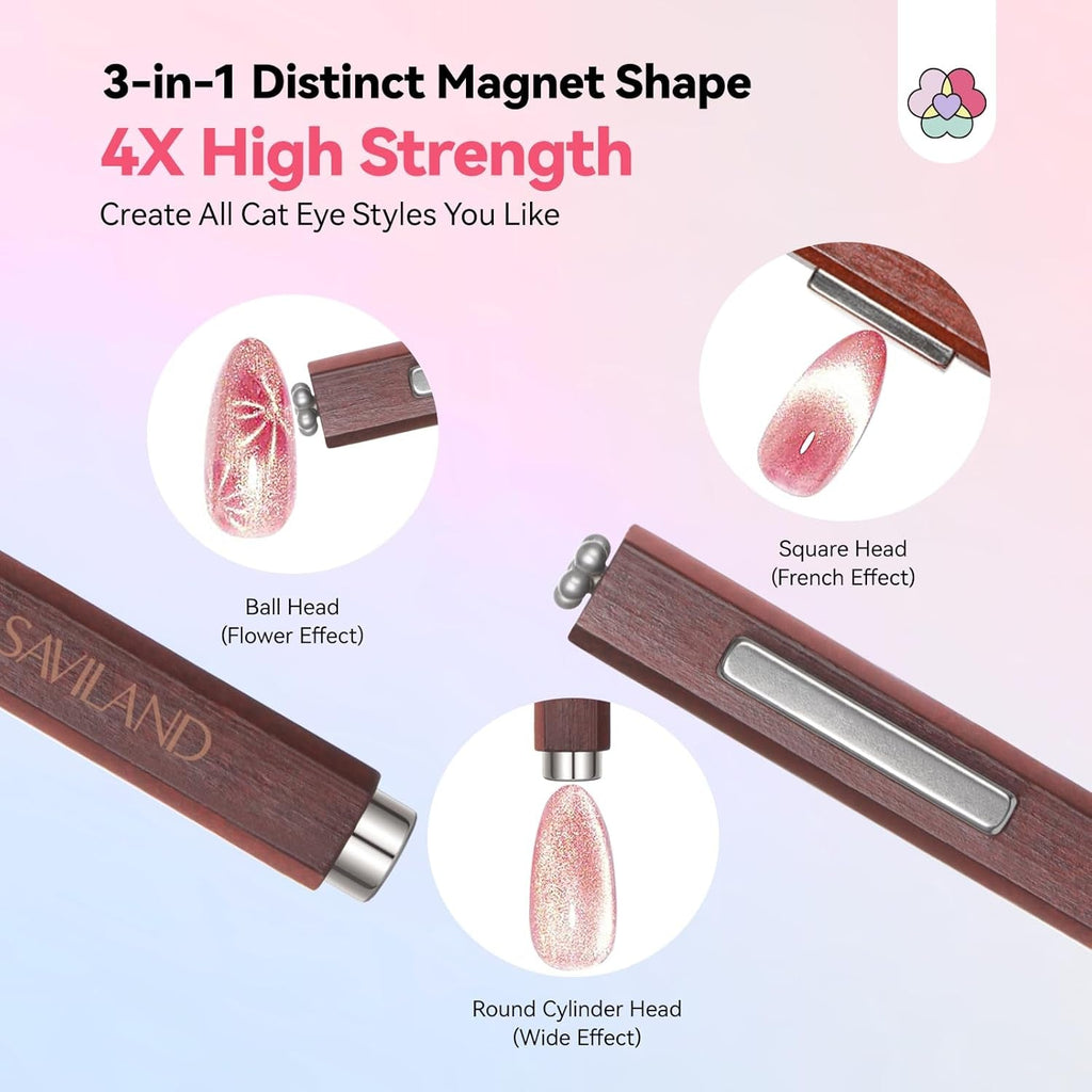 SAVILAND 4X Hochfester Cat Eye Magnet Für Nagel: 3-In-1 Nagel Magnet Rund Lange Streifenperle N35 Neodym Ultra Starker Magnet Für Nagellack Präzise 3S Formung Cat Eye Gel Nagellack Magnet Magnetstift