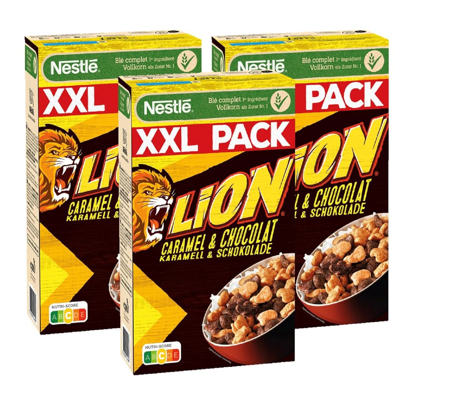 Cereale NESTLE LION, Cereale de ciocolată cu caramel și 41% făină integrală, set 3 x 1 Kg Cereale Naty Shop