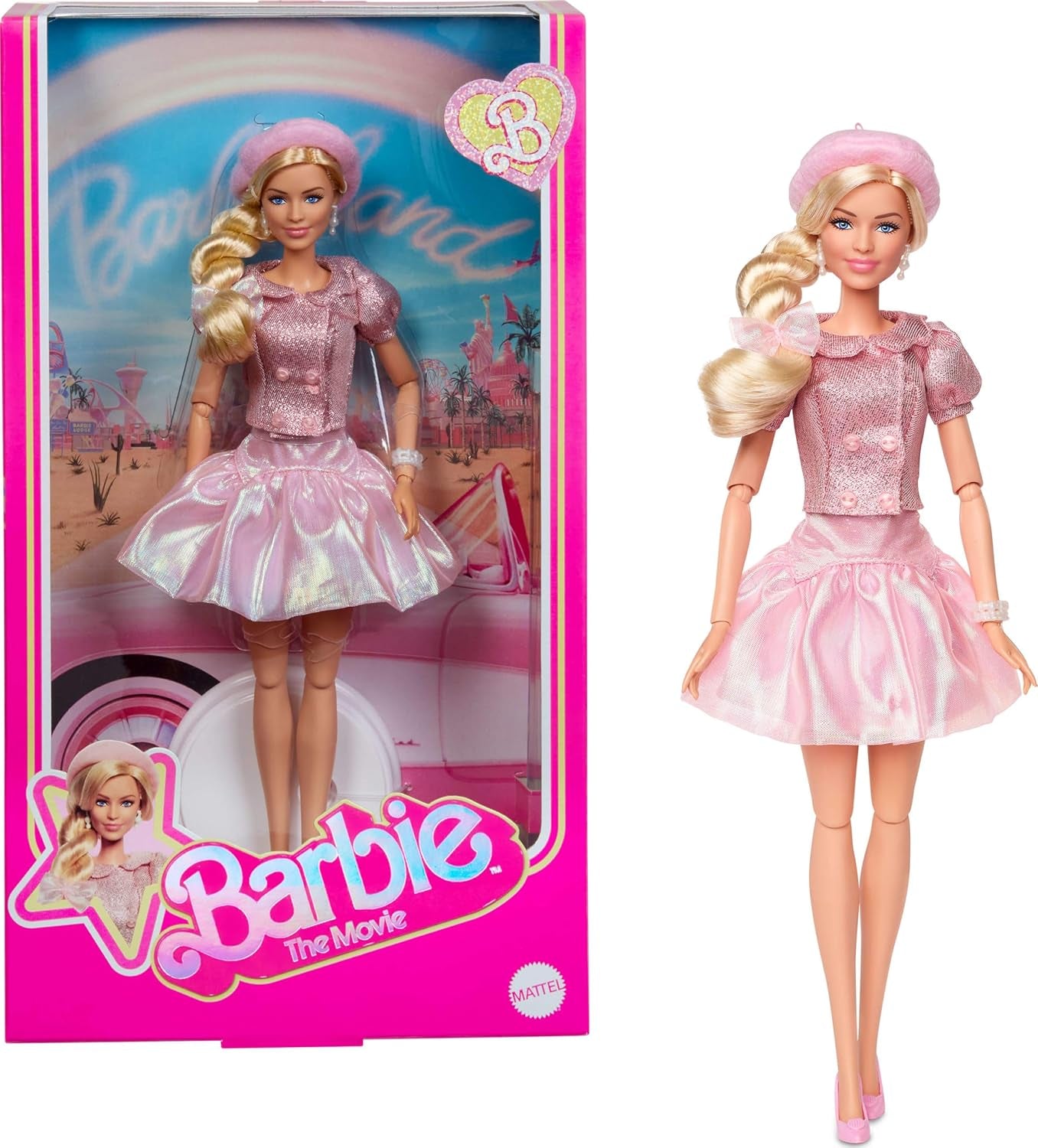 Barbie-Puppe zum Spielfilm, Margot Robbie als Barbie, Sammelfigur in rosafarbener Bluse und Tüllrock, mit gestylter Frisur und passendem Schmuck, JBJ53