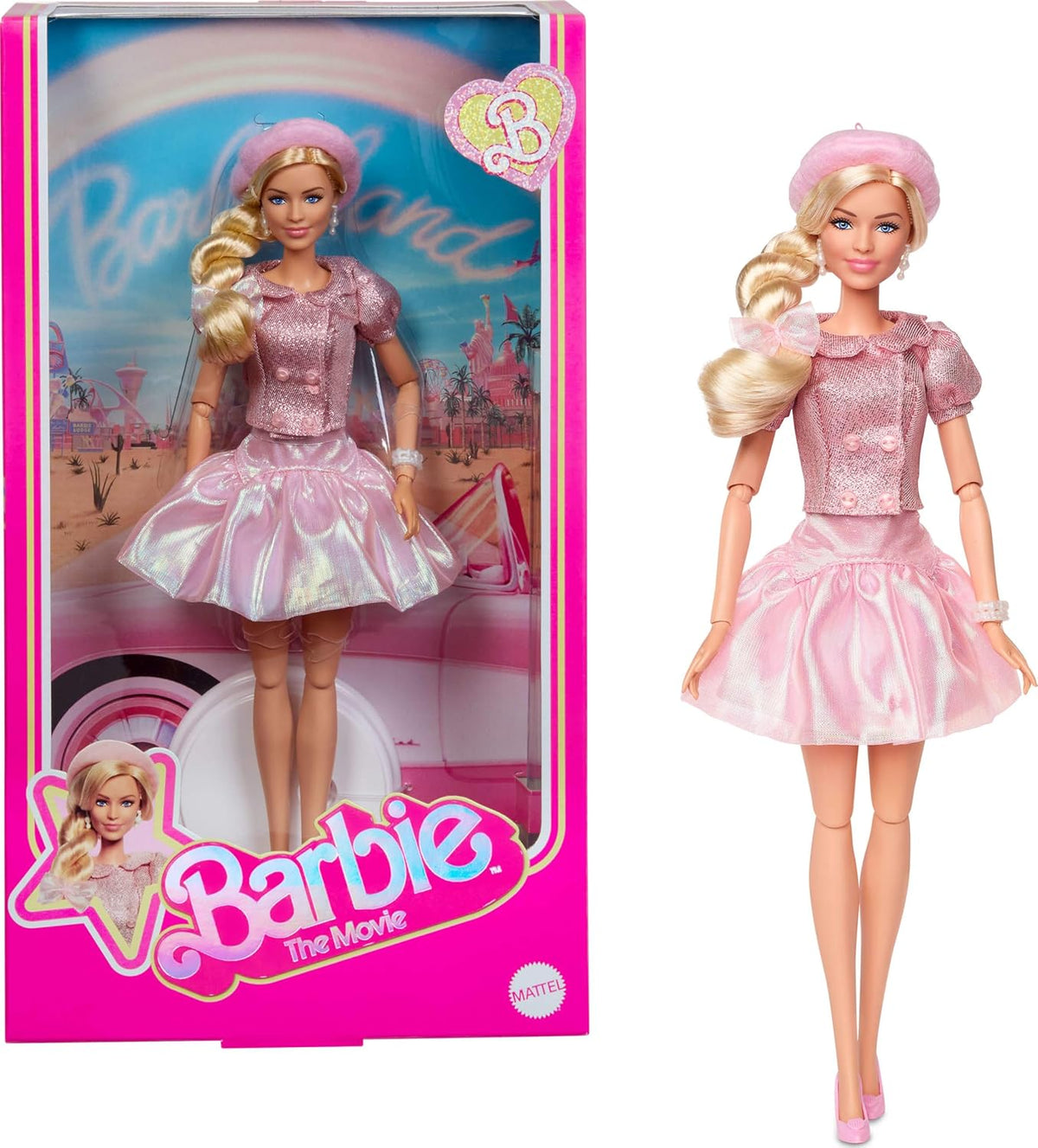 Barbie-Puppe zum Spielfilm, Margot Robbie als Barbie, Sammelfigur in rosafarbener Bluse und Tüllrock, mit gestylter Frisur und passendem Schmuck, JBJ53