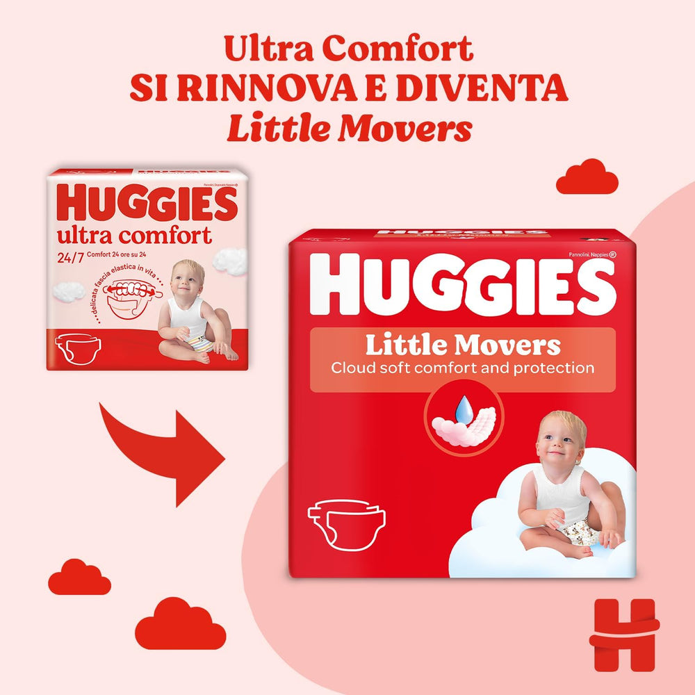 Plenky Huggies Ultra Comfort/Little Movers, velikost 3 (4–9 kg), design Disney, savé, plná ochrana, počet 126
