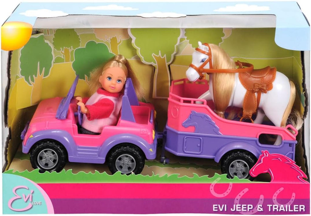 Simba 105737460 - Evi Love Evi Horse Trailer, cu jeep roz, pandantiv violet pentru cal și ponei, păpușă de îmbrăcat, 12 cm, pentru copii de la 3 ani în sus Papusi Naty Shop Titlu implicit