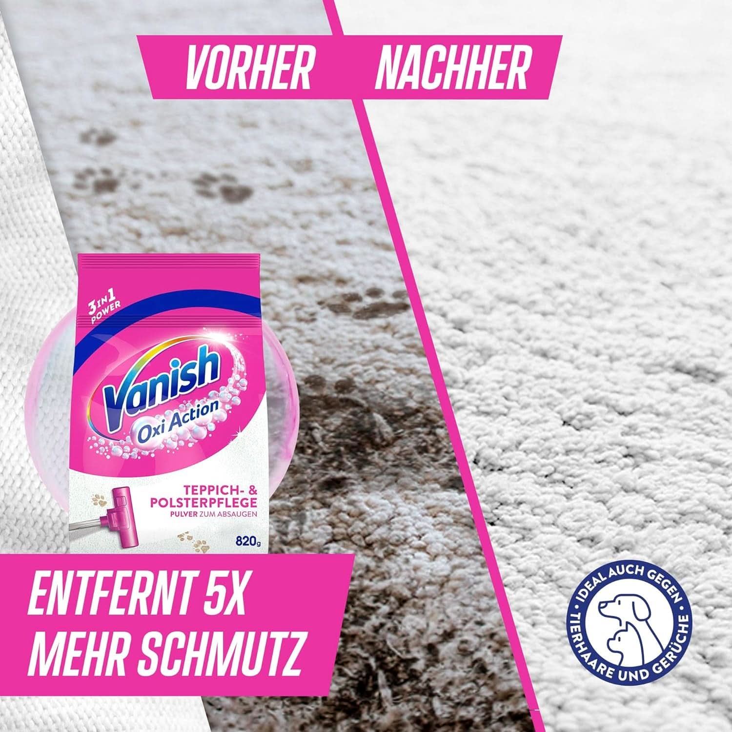 Vanish Oxi Action prášek na čištění koberců a čalounění - 1 X 820 G - Čistí velké plochy koberců a čalounění od špíny, zápachu a prachu Prací prostředky Naty Shop