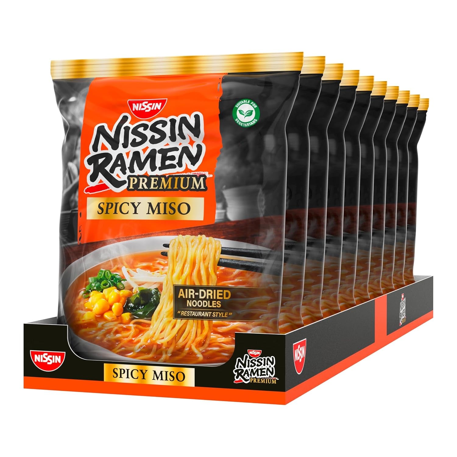Nissin Ramen Premium - Miso pikantní 10 balení instantních nudlí japonského stylu sušených na vzduchu pro Ramen ve stylu restaurace s jemně pikantní příchutí miso a wakame vloček (10 x 90,7 g)