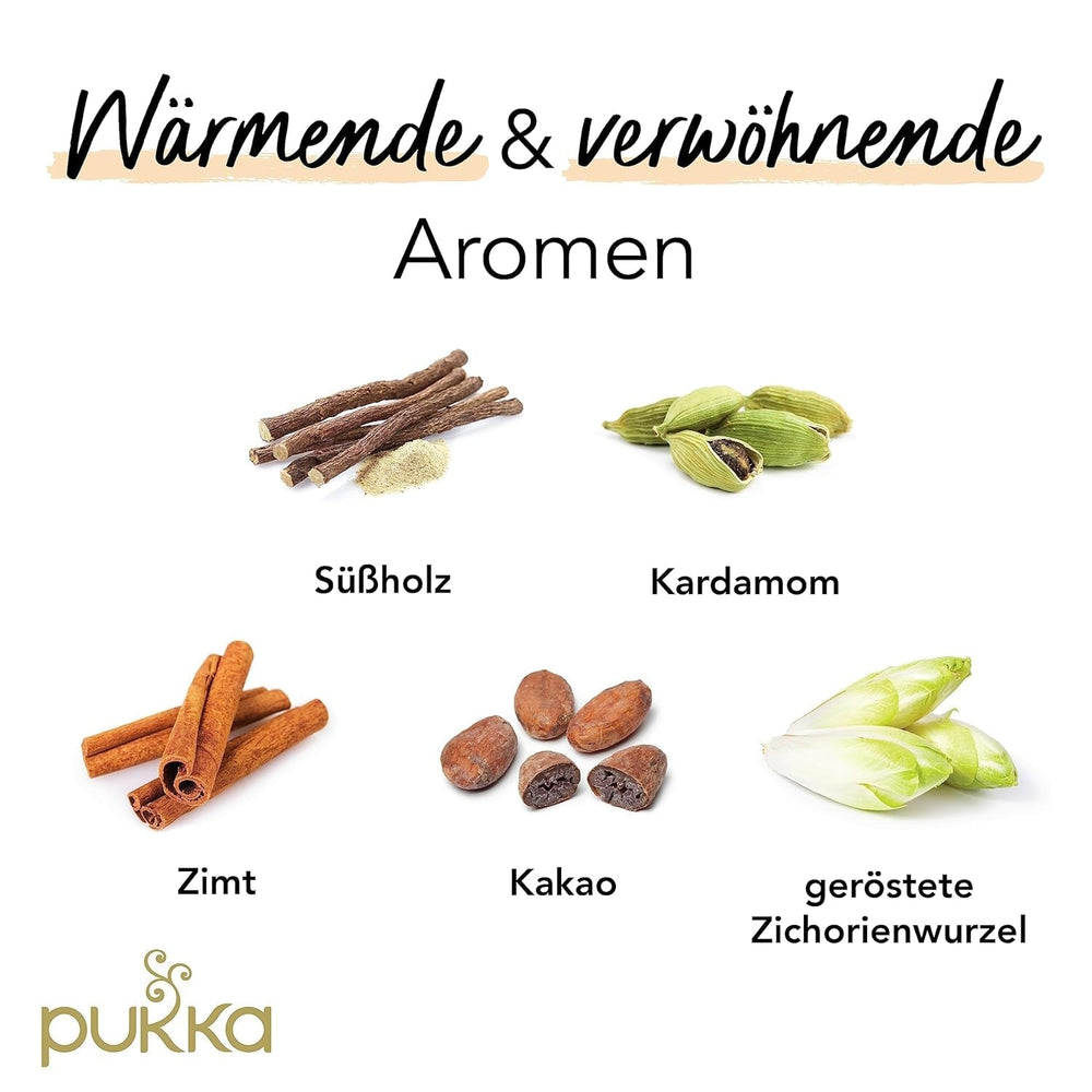 Set de ceai Pukka, ceai cu condimente bio „Cacao Chai”, cacao, scorțișoară, cardamom, rădăcină de cicoare, pentru momente de relaxare, pachet de 4, 80 pliculețe de ceai