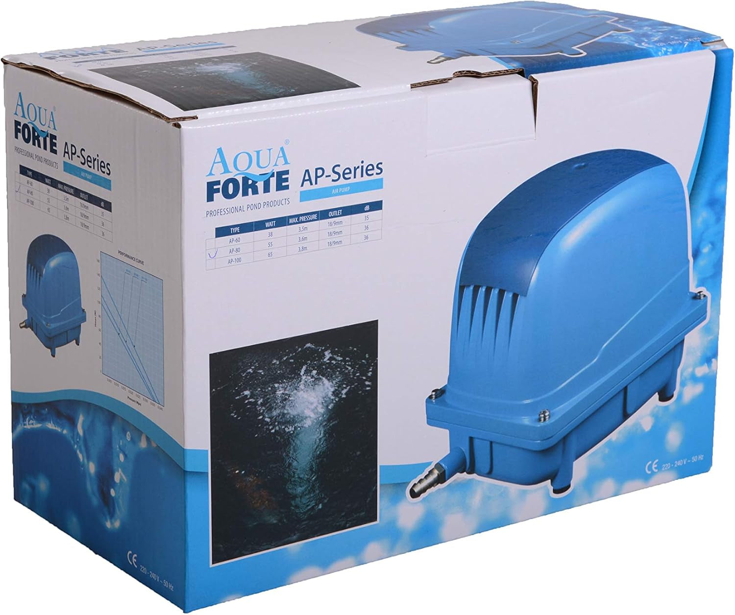 Vzduchové čerpadlo AquaForte AP-35 20 Watt Max. tlak 2,8 m Vhodné pro bazény a jezírka do 18 m³ Ryby Max. 15 000 litrů, koi max. 7 500 litrů, 2,7 kg, vývod 16,5 mm